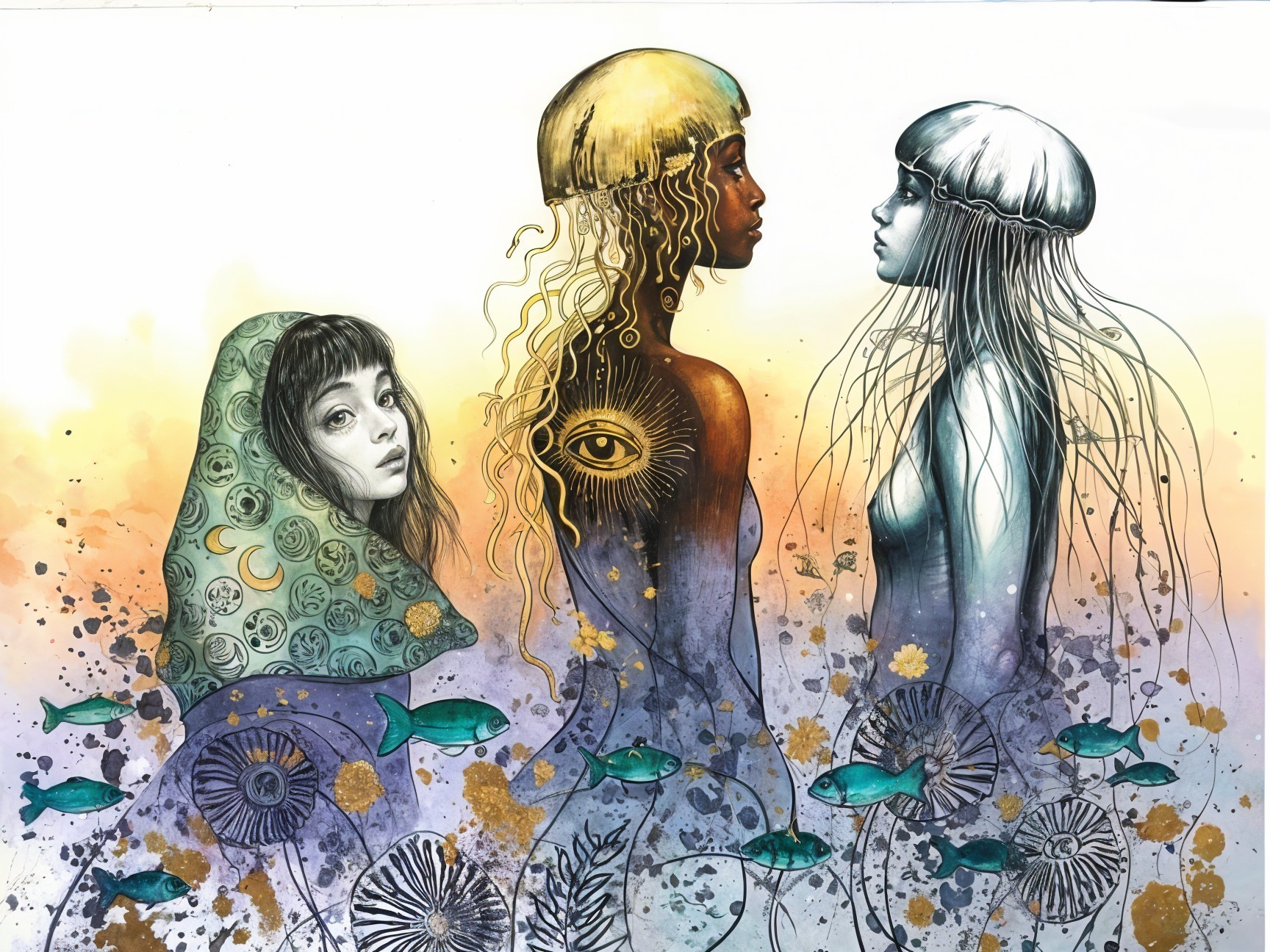Ethereal Figures in Vibrant Gradient Background