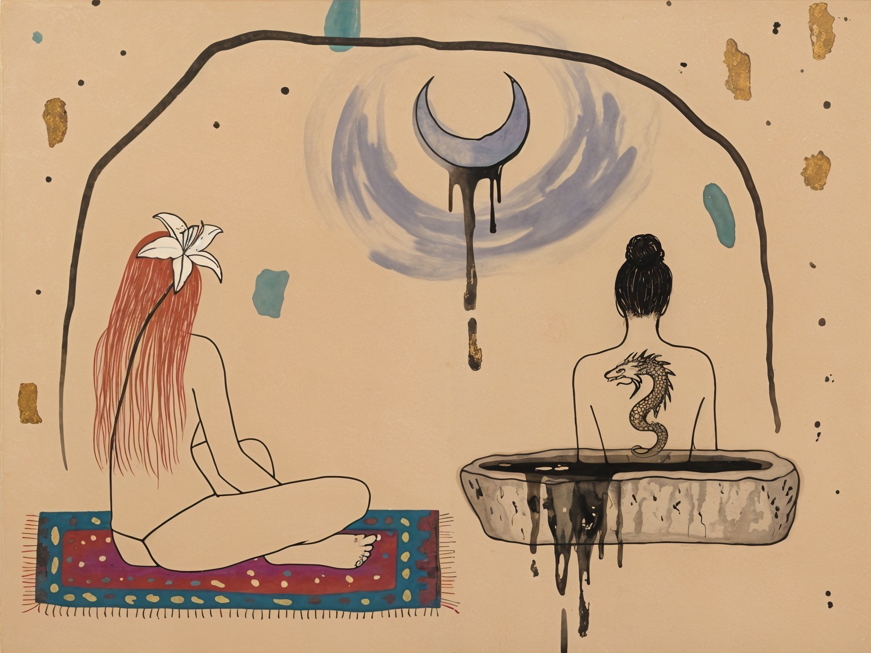 Two Figures in Serene Setting with Crescent Moon