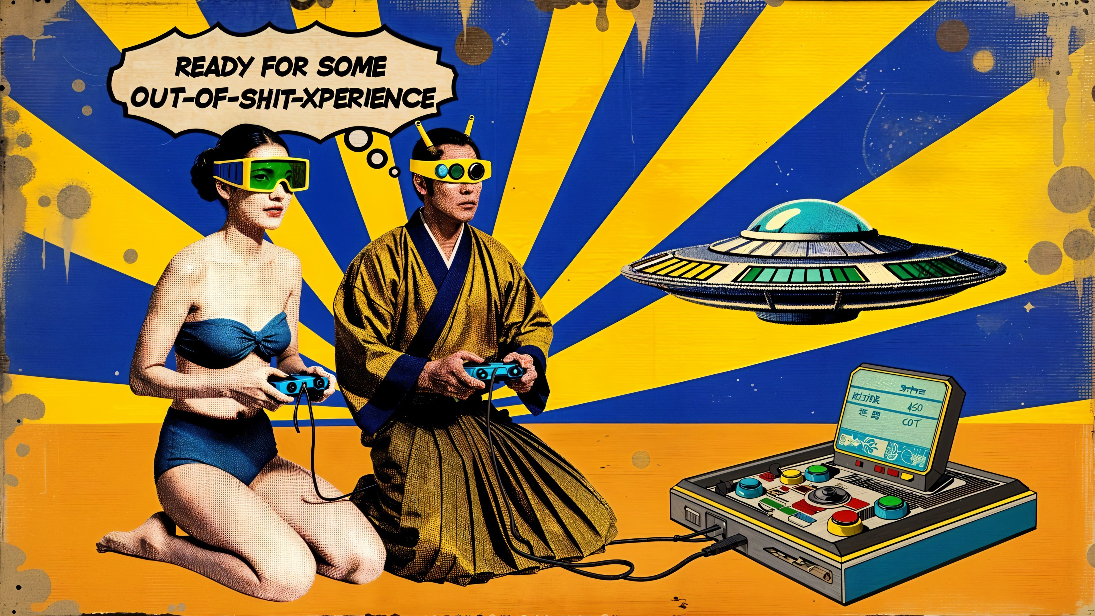Retro Gaming Scene with VR Goggles and UFO