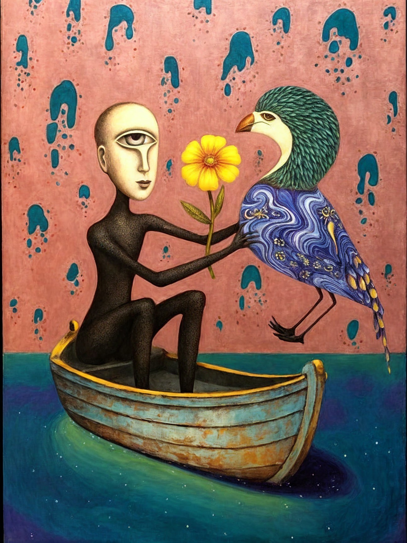 Surreal Artwork of Boat, Flower, and Patterned Bird