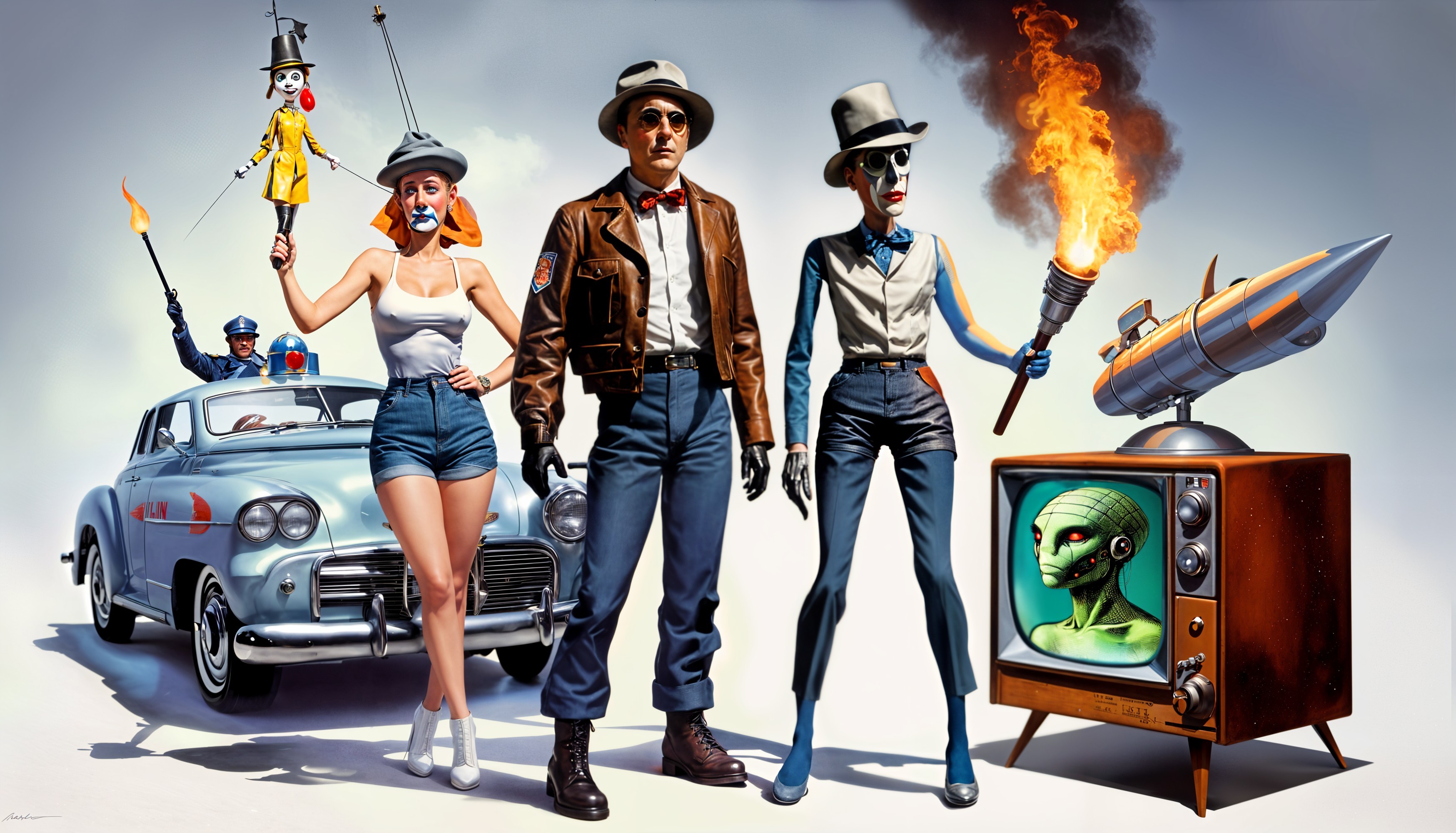 Vibrant Retro Car Scene with Whimsical Characters