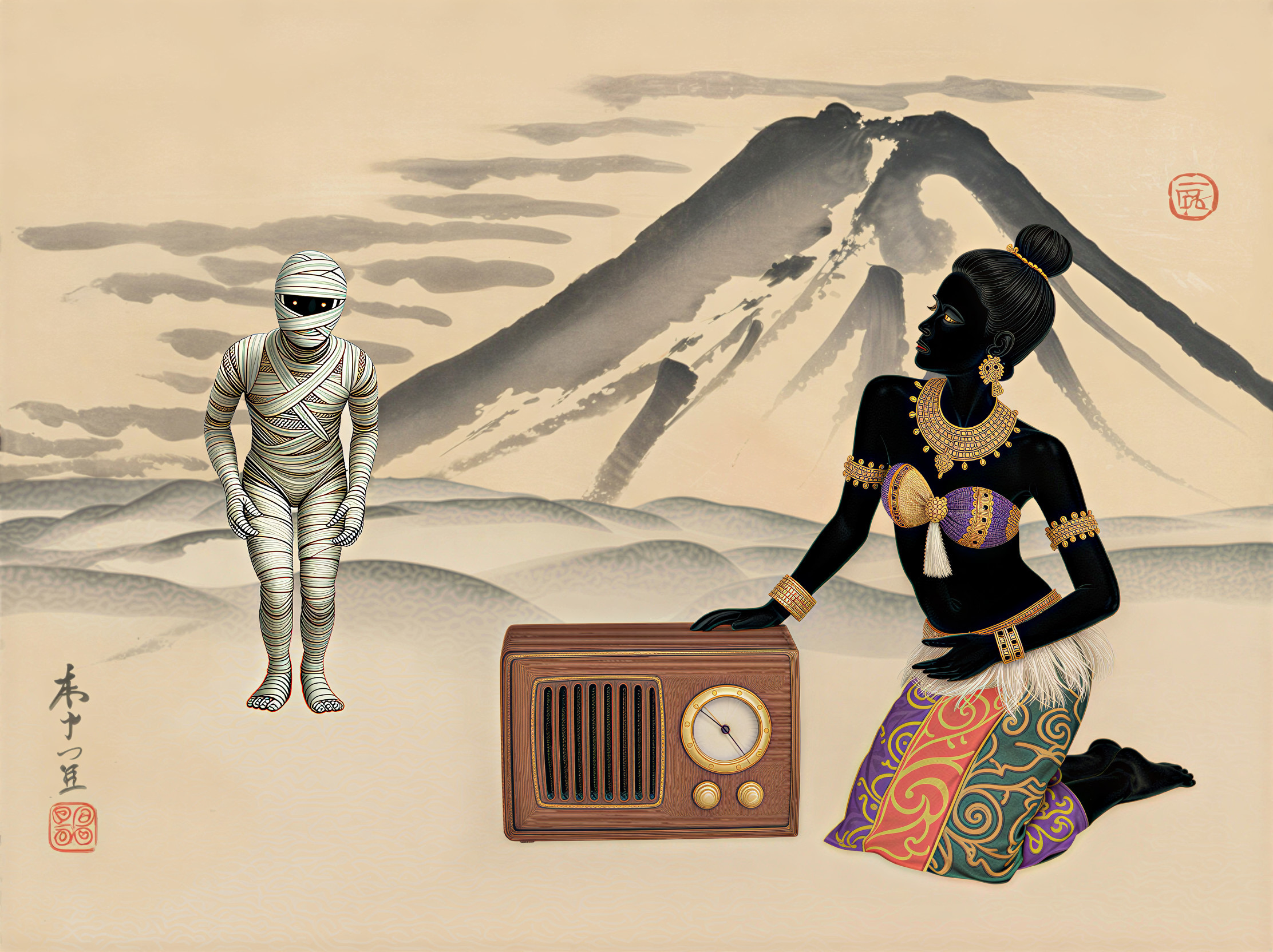 Stylized Black Figure and Mummy in Serene Landscape