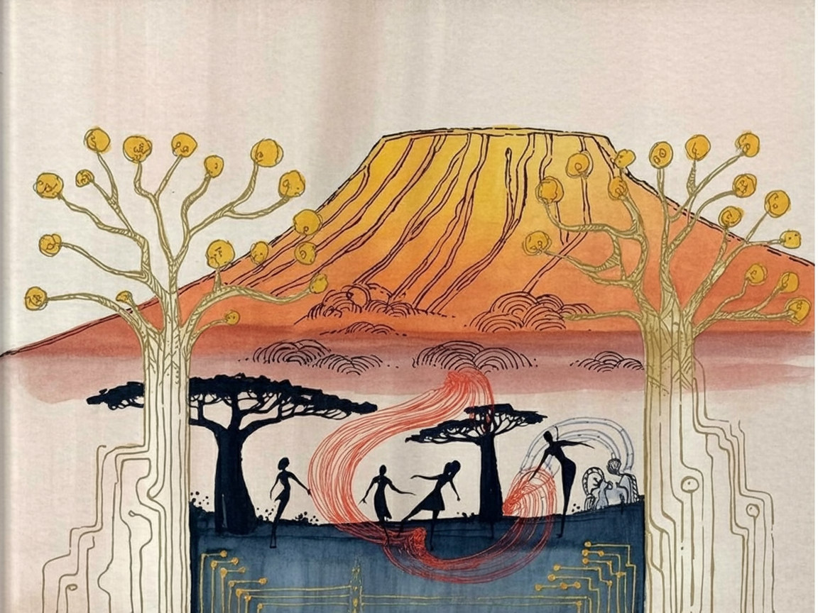 Vibrant landscape with stylized volcano and playful figures