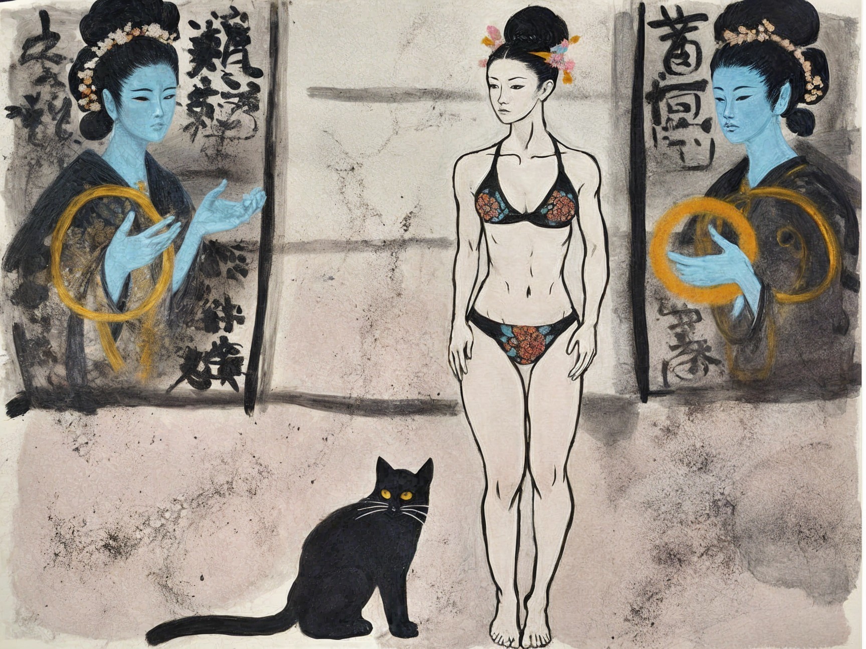 Stylized Scene of Woman in Bikini with Traditional Figures