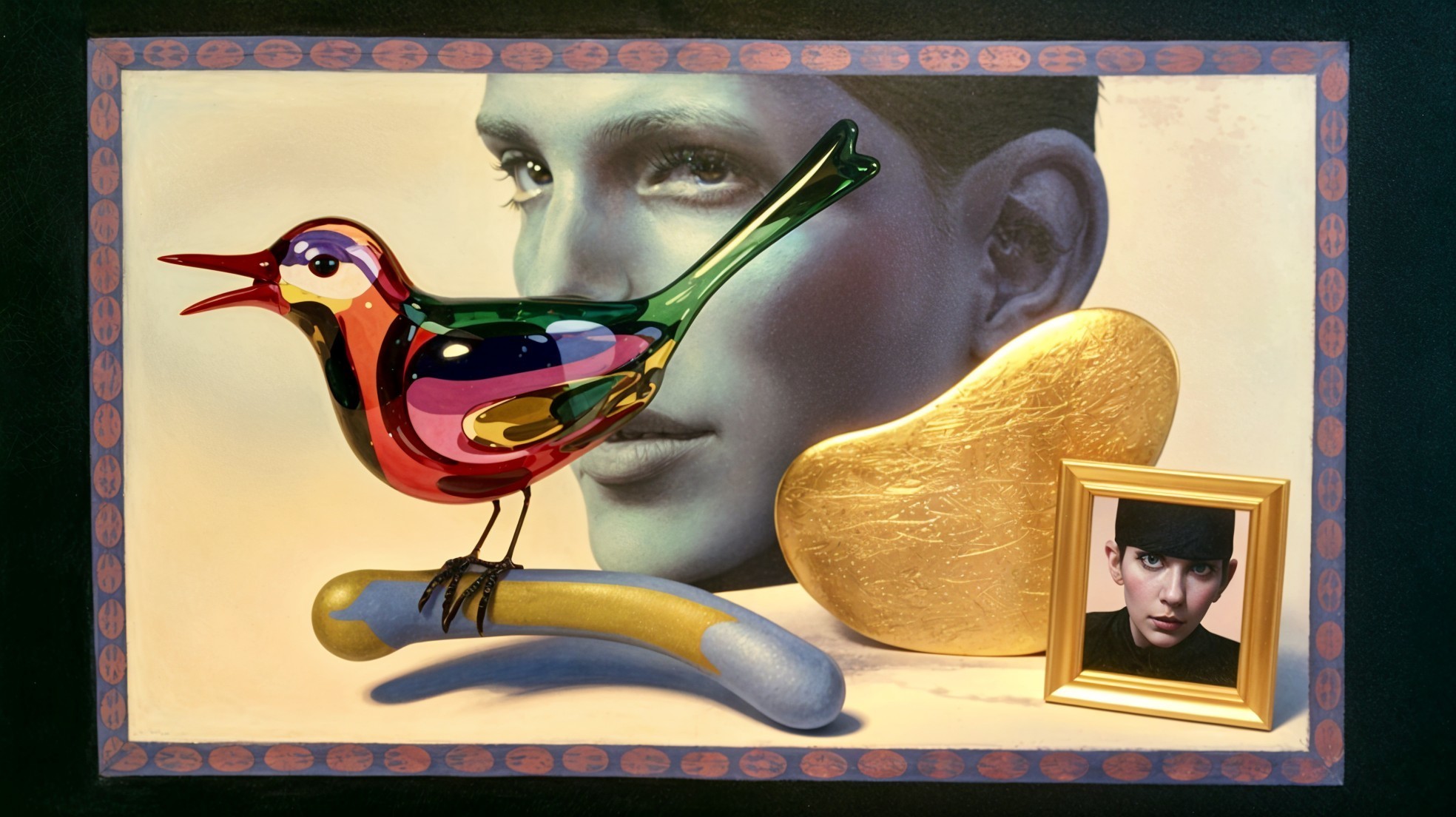 Colorful Glass Bird on Yellow Branch with Surreal Elements