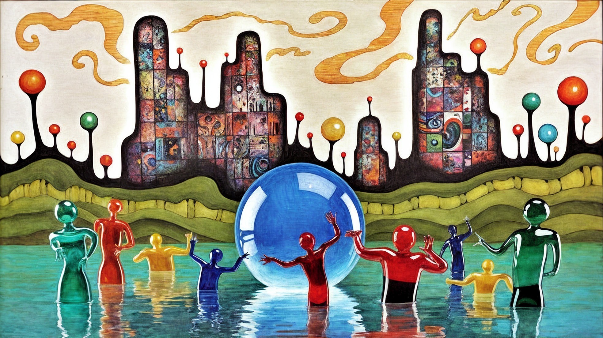 Surreal Landscape with Colorful Figures and Abstract Buildings