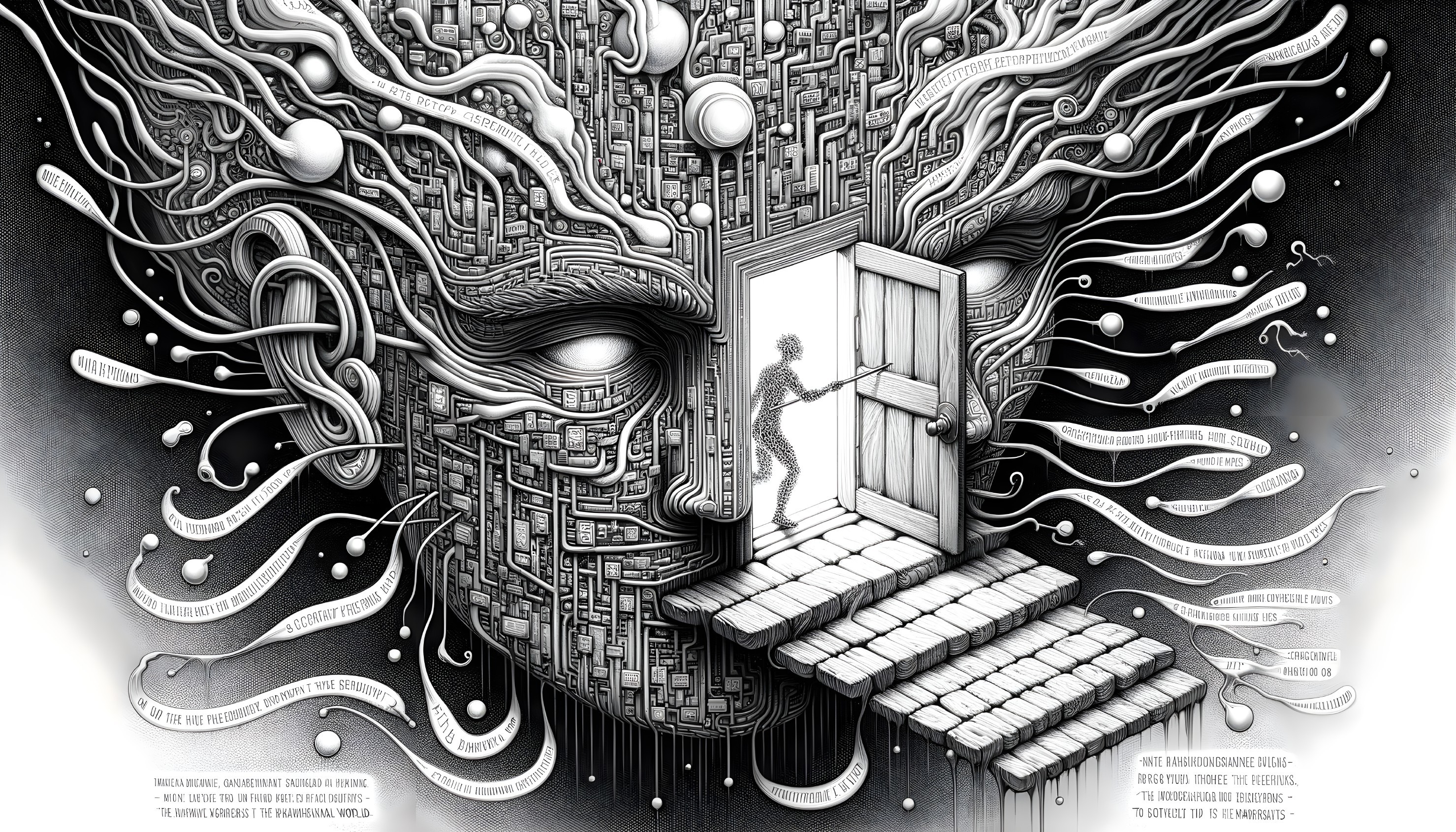 Surreal black and white illustration of human silhouette in complex maze head