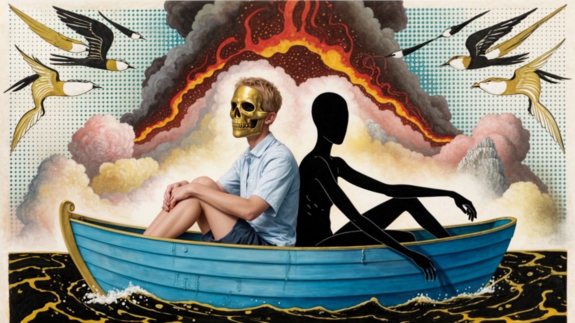 Young man in skull mask on boat with surreal backdrop