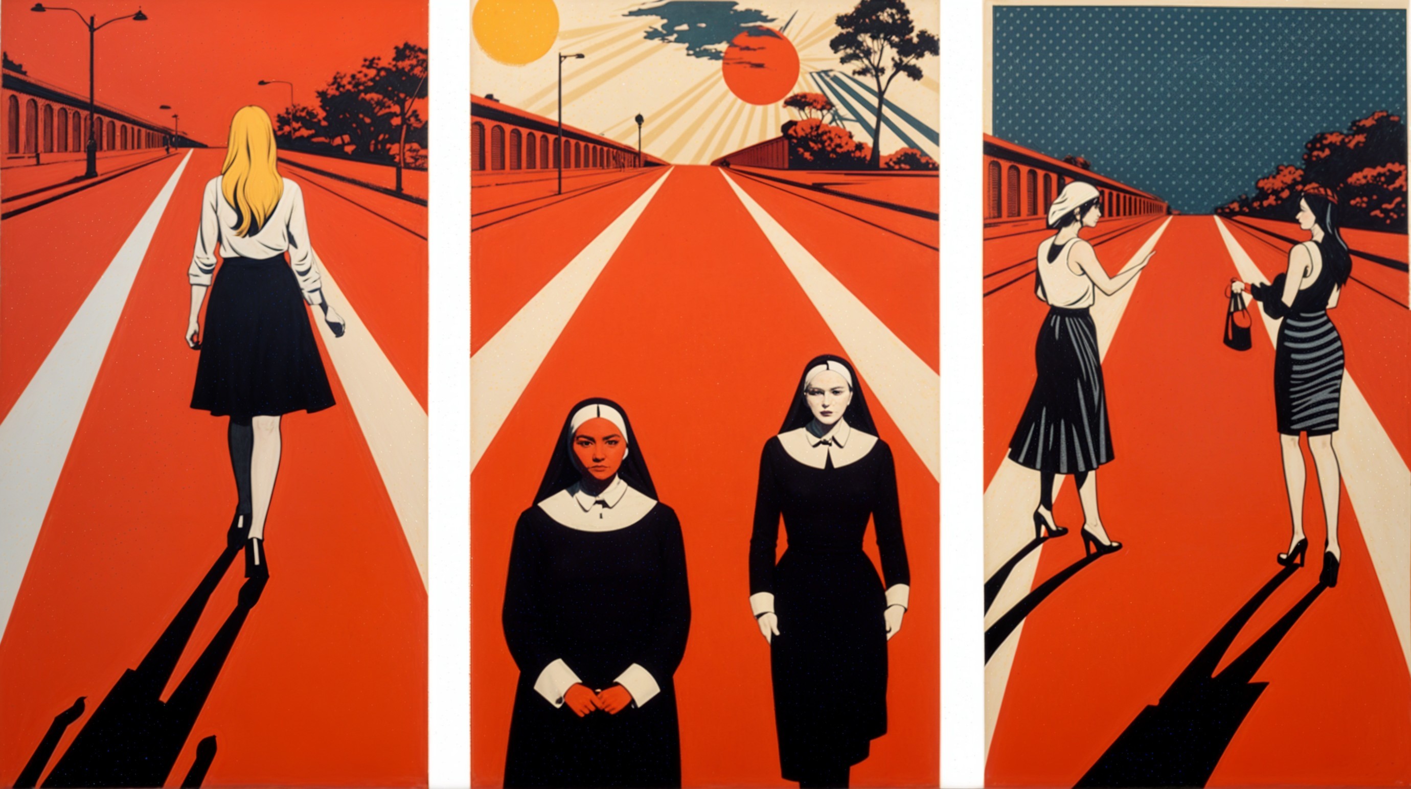 Three Panels of Figures on Red Background