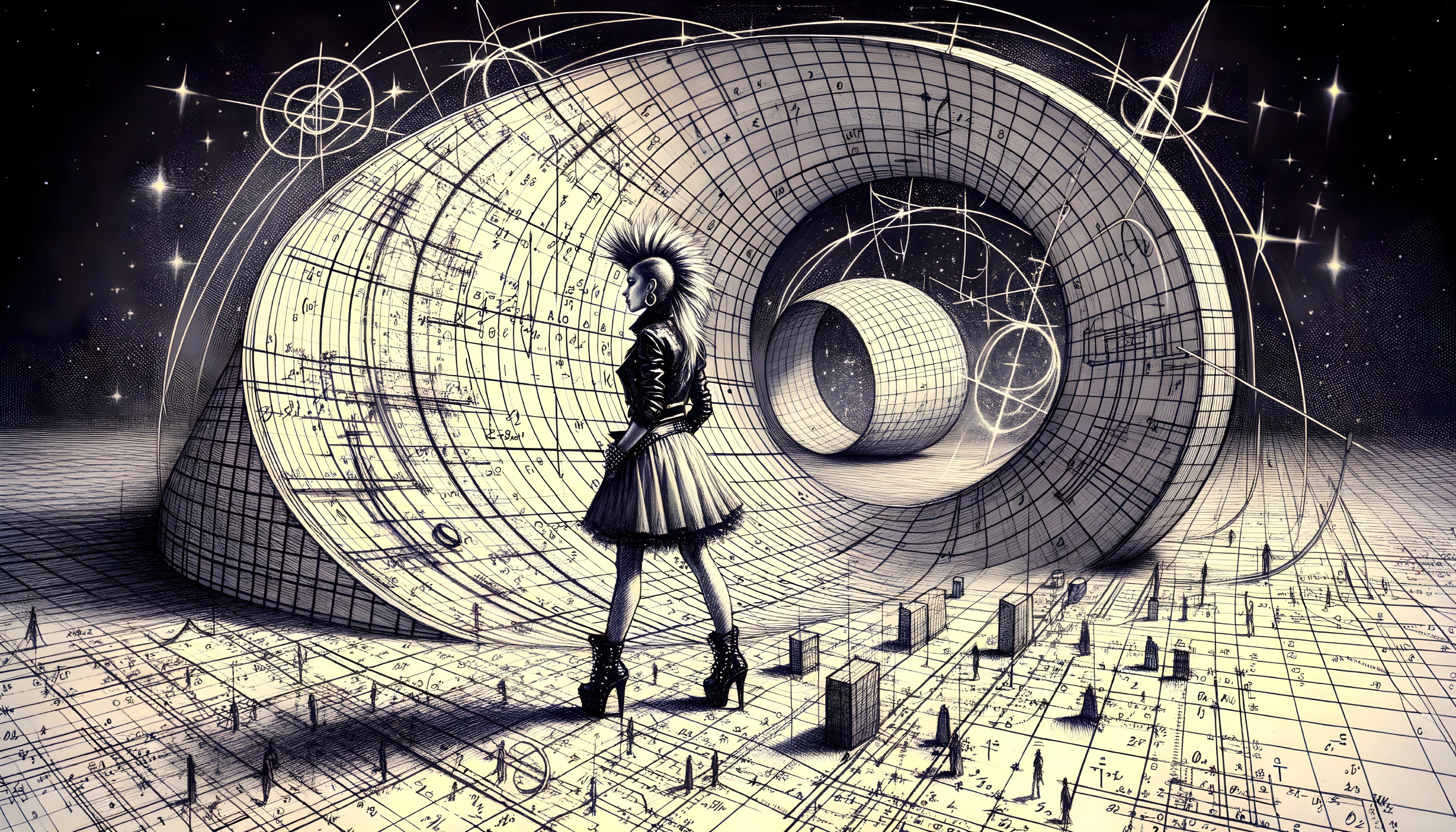 Person standing on grid floor with mathematical diagrams and abstract spirals and celestial bodies.