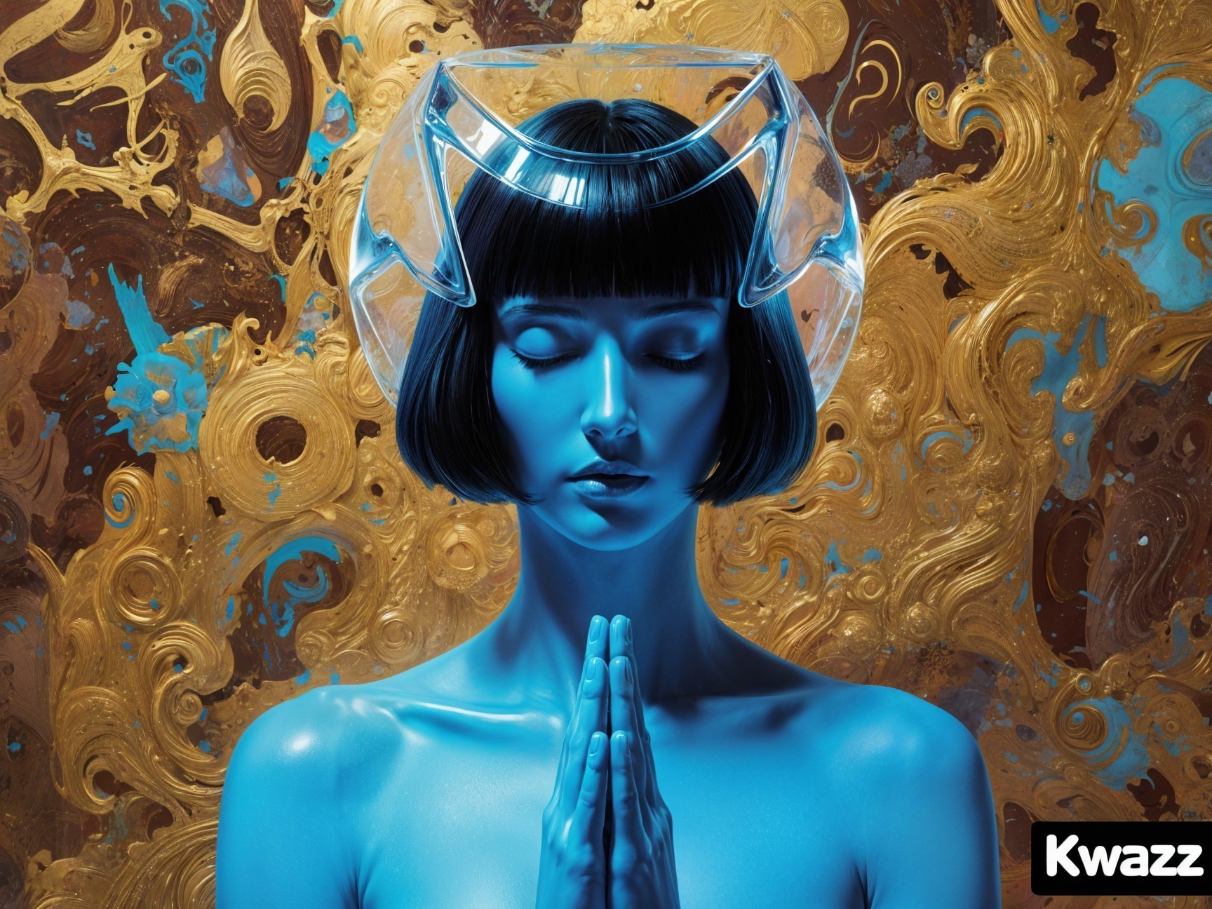 Serene figure with blue complexion and transparent headpiece