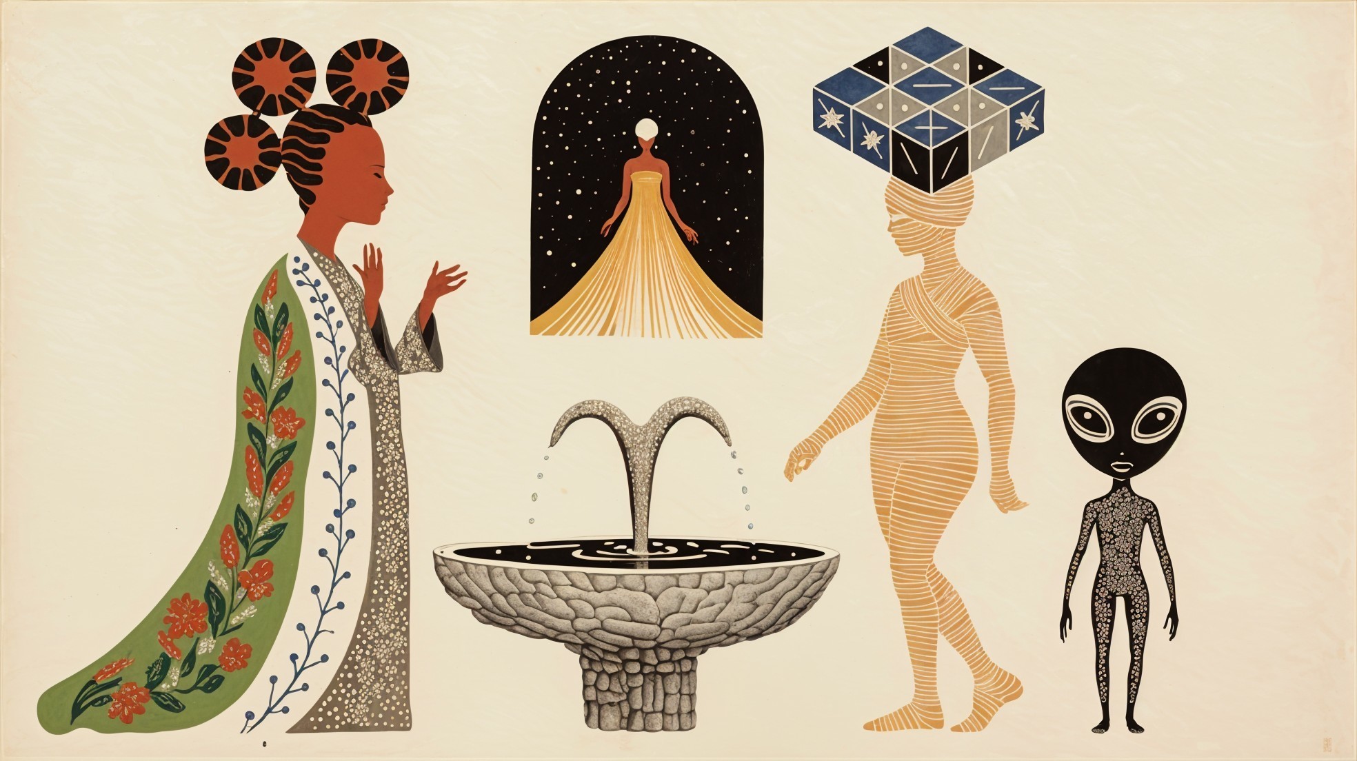 Stylized Figures and Celestial Elements in Art Scene