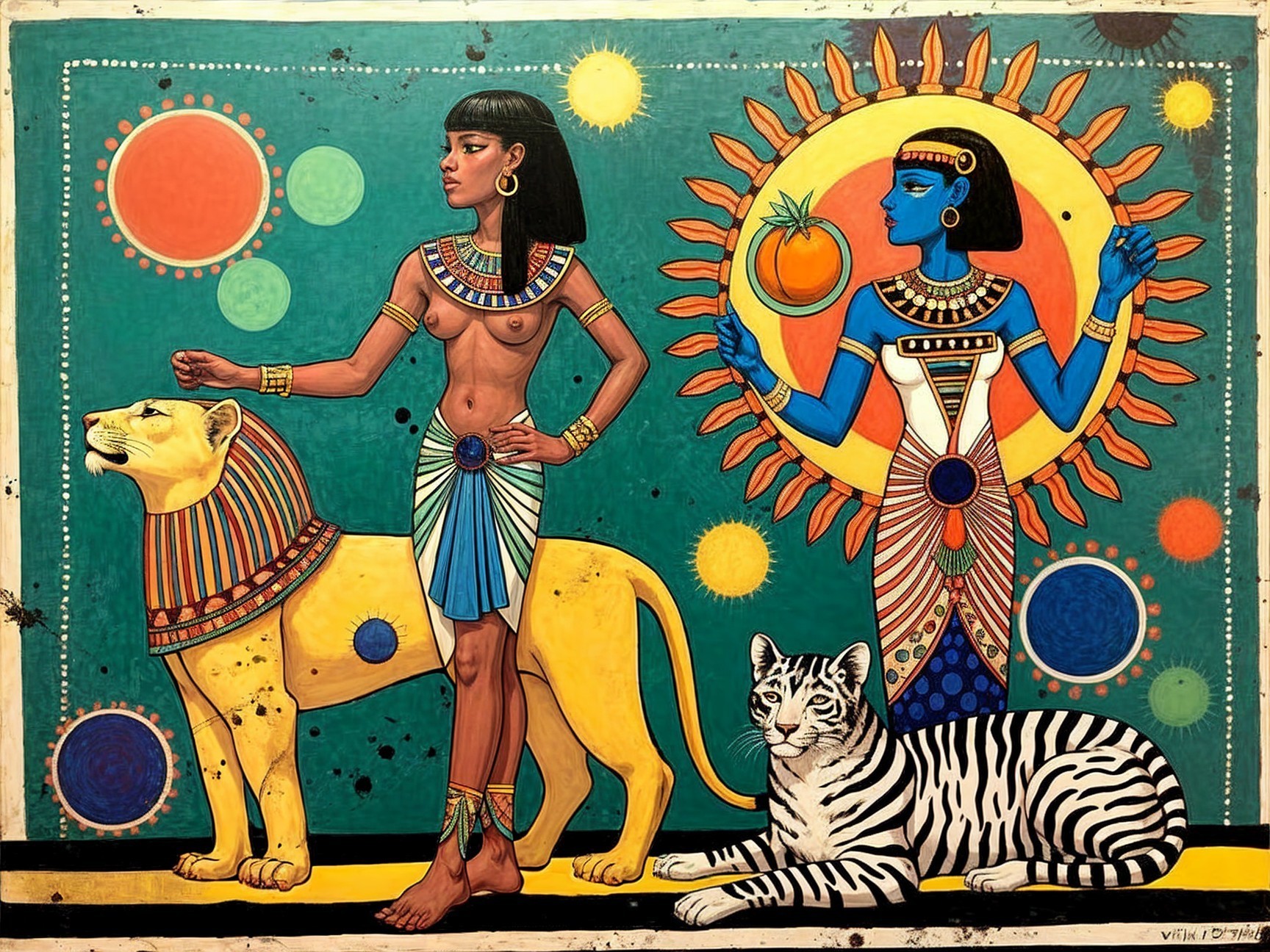 Ancient Egyptian Figures with Lions and Tigers Artwork