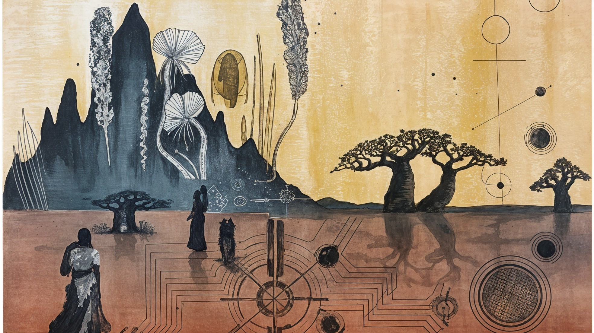 Surreal Landscape with Abstract Flora and Figures