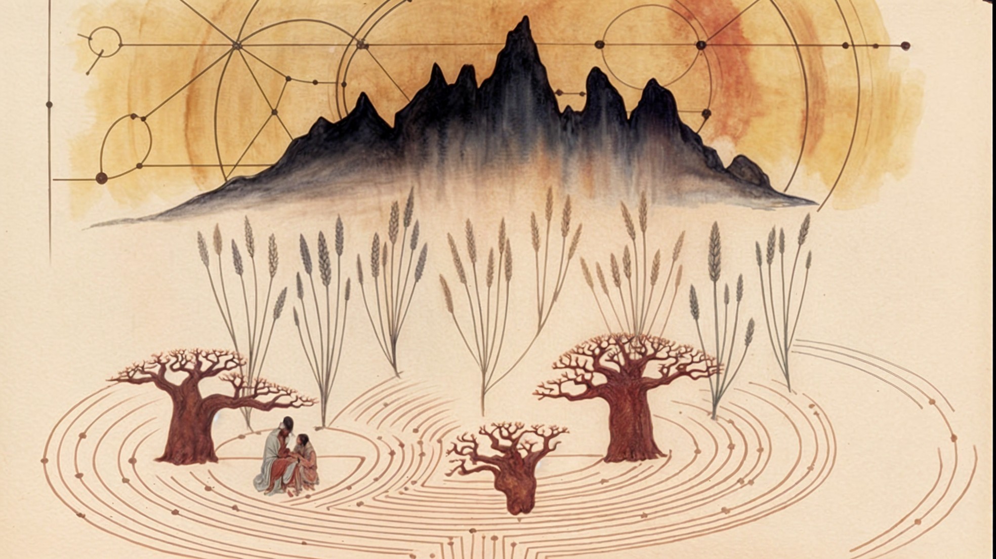 Serene landscape with mountains, sun, and figures