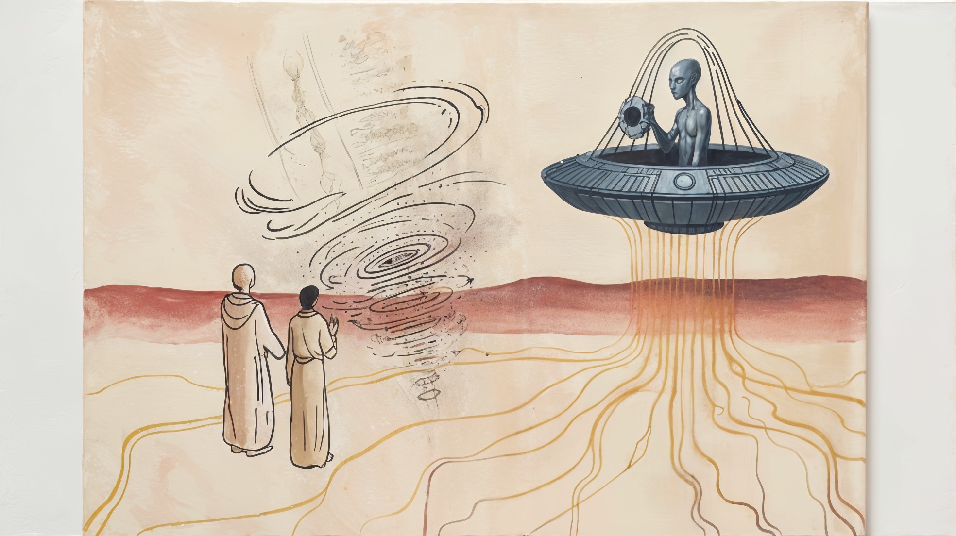 Figures in Robes Overlooking Cosmic Vortex and UFO