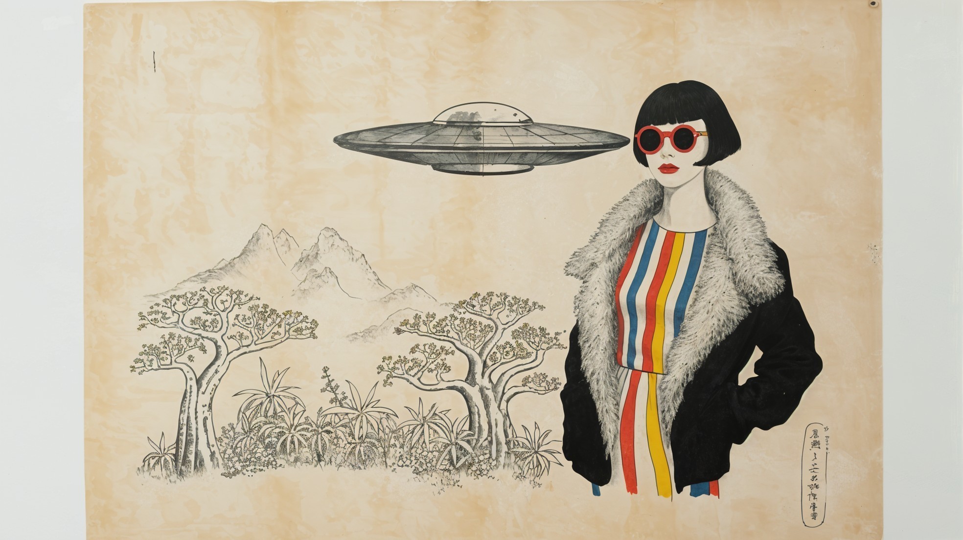 Stylized Illustration of Woman in Retro Fashion and Sci-Fi