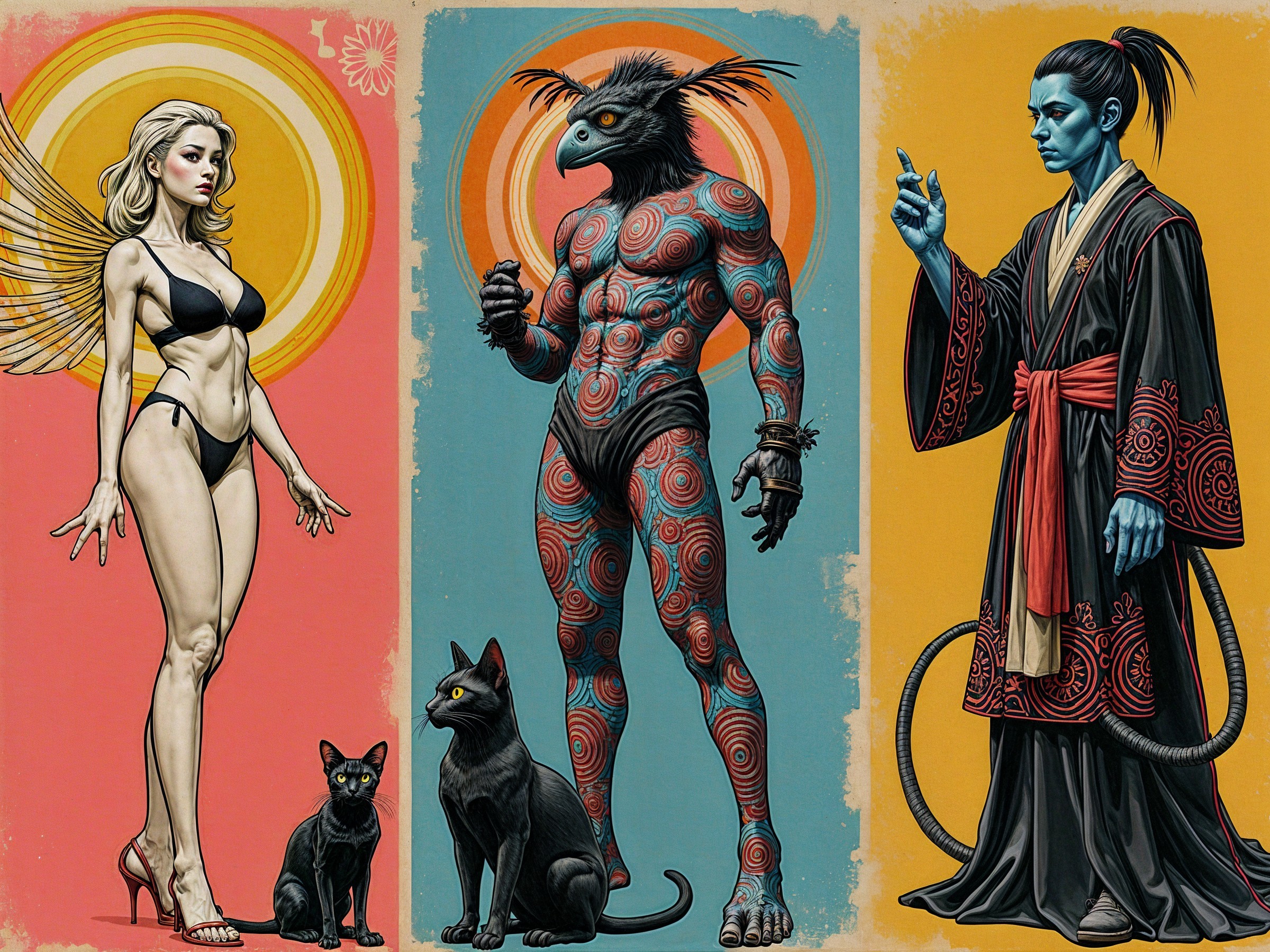 Three Unique Characters: Winged Woman, Bird-Headed Figure, Blue-Skinned Sage