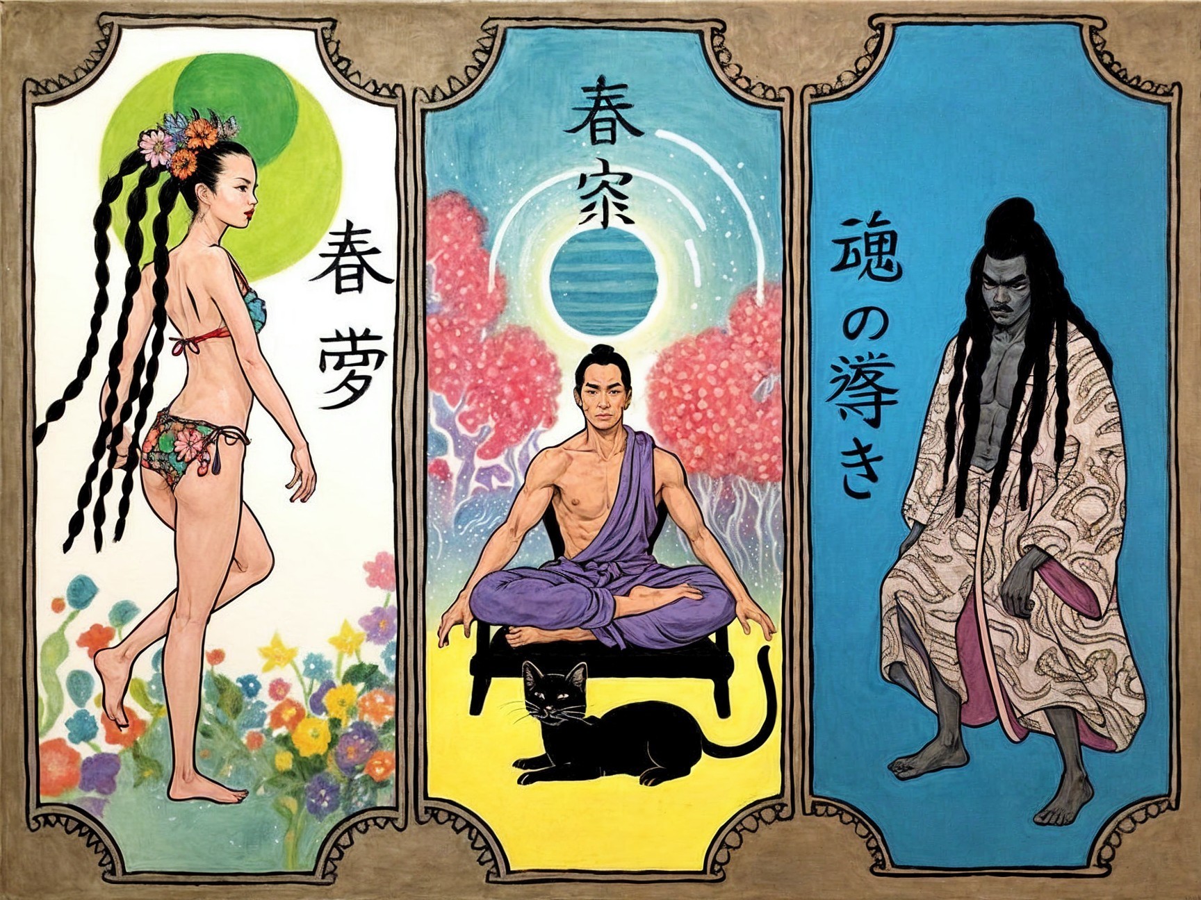 Three-panel artwork featuring diverse figures and themes