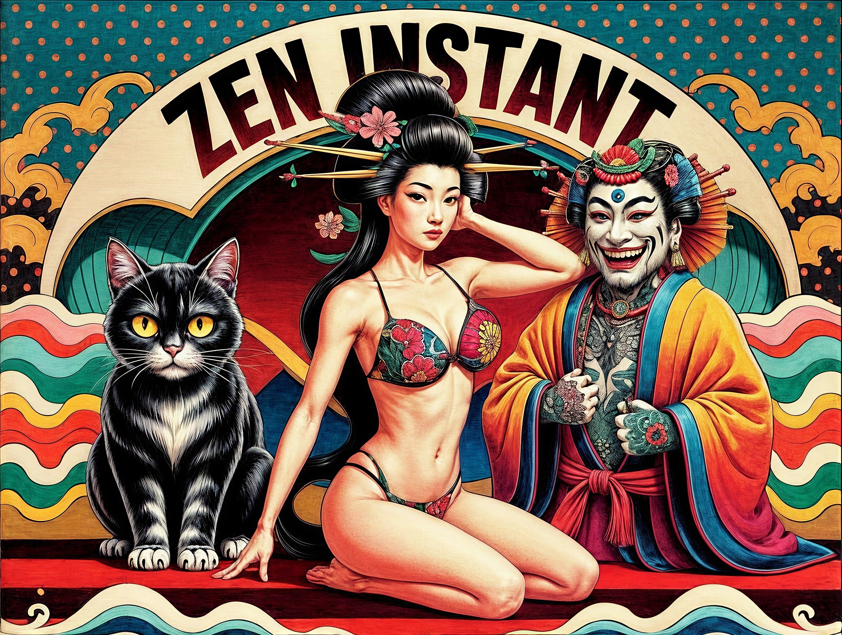 Vibrant Illustration of Woman, Cat, and Japanese Figure