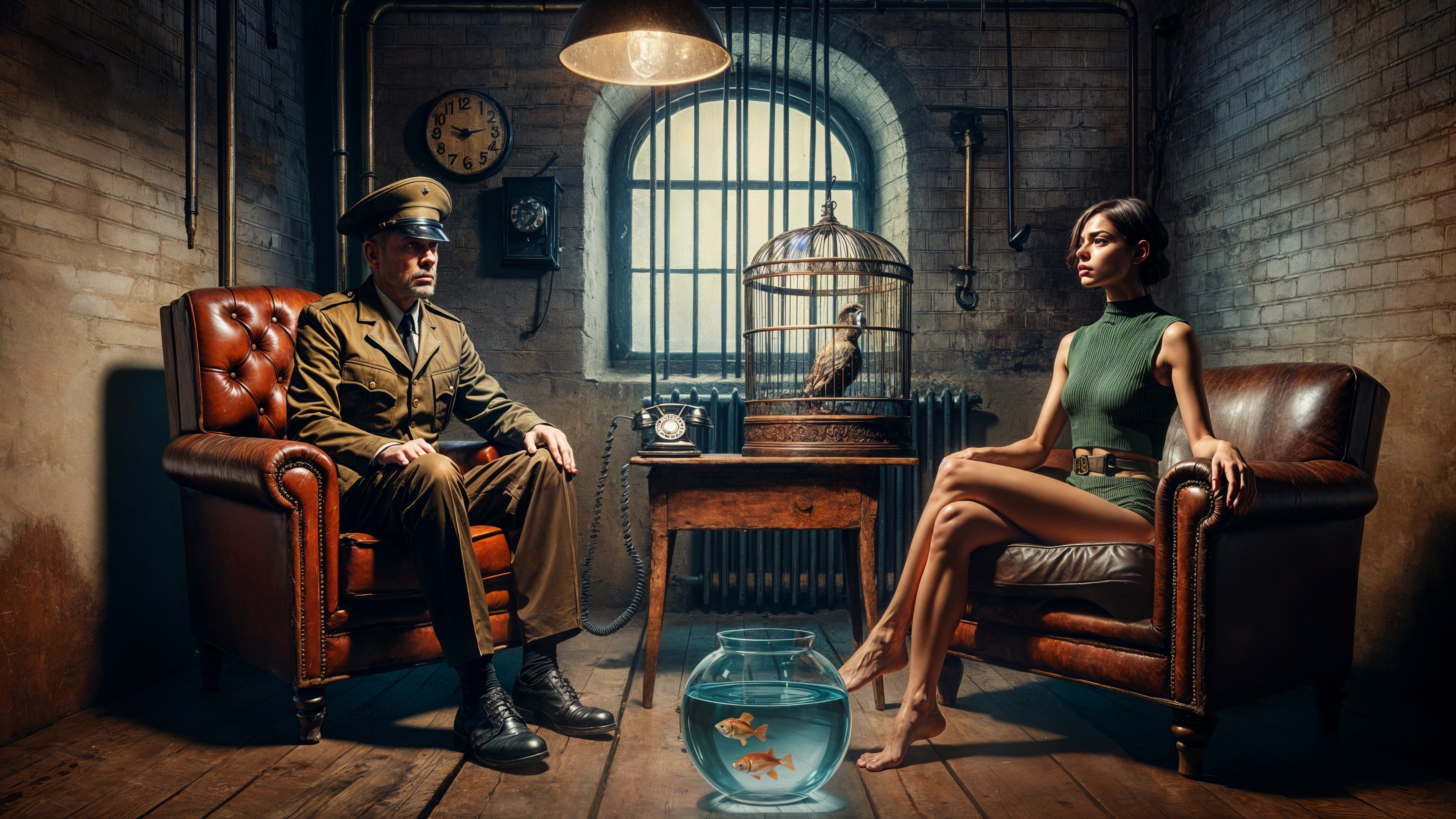 Officer and Woman in Dimly Lit Room with Fishbowl