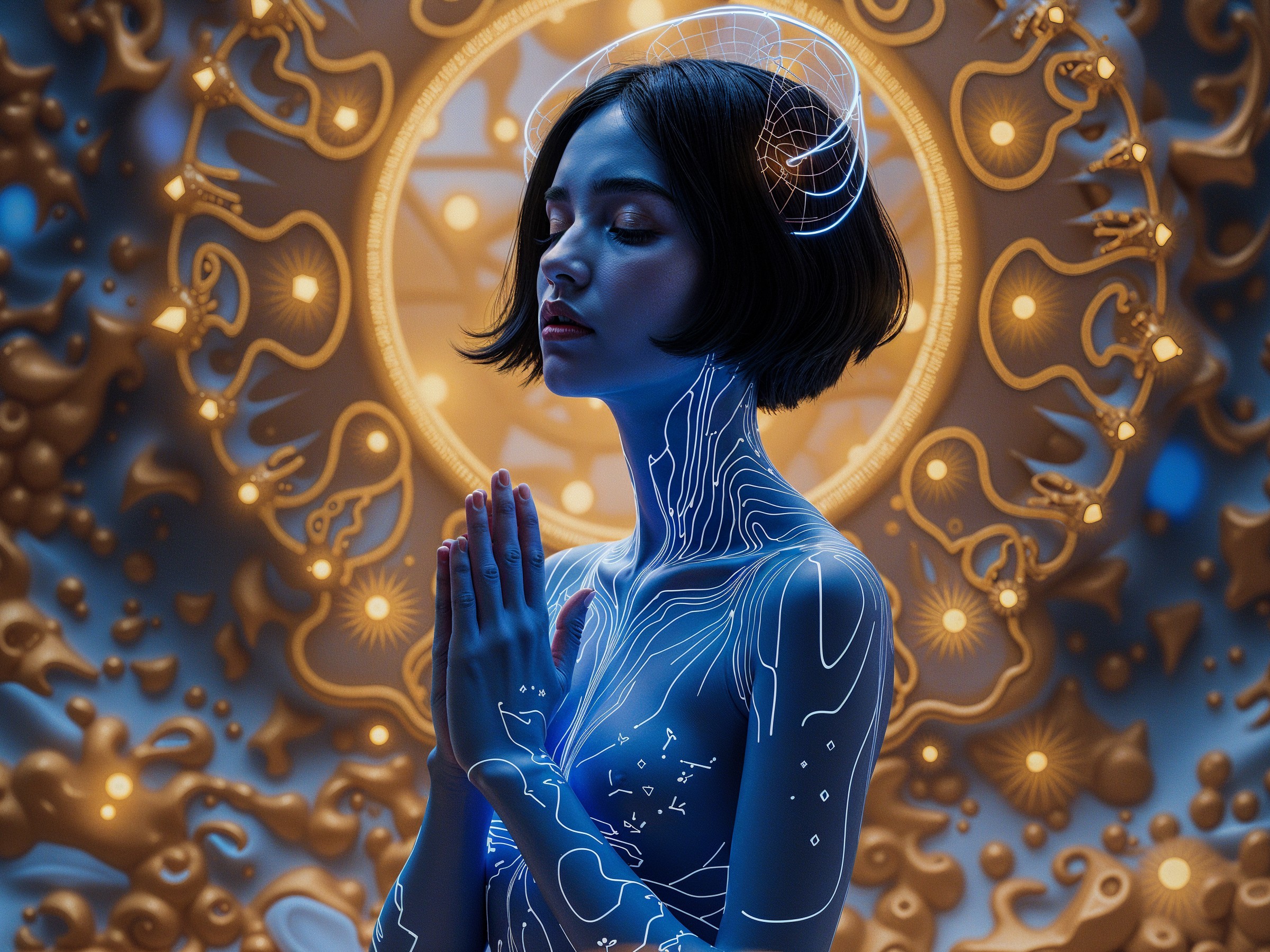 Meditative Figure with Glowing Lines in Ornate Setting