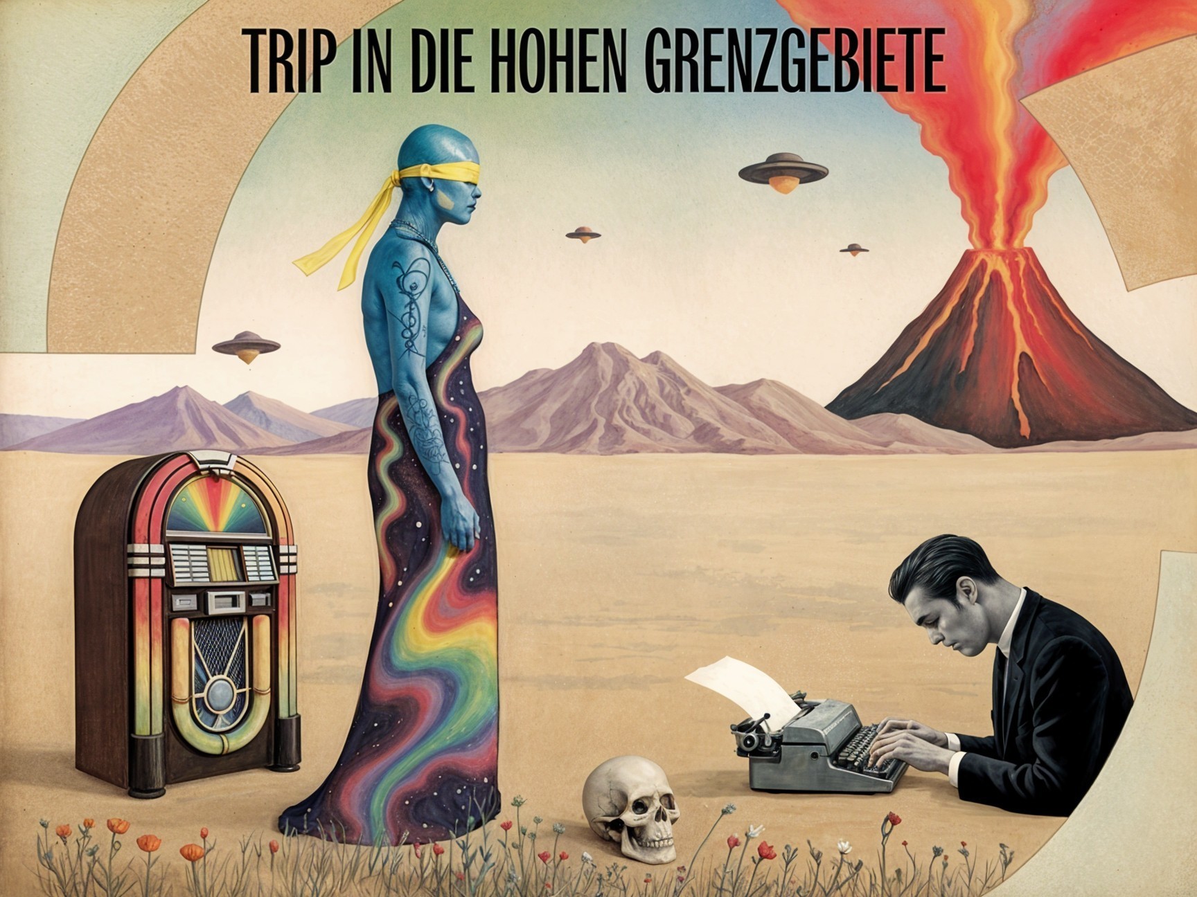 Surreal Landscape with Blue Figure and Vintage Jukebox