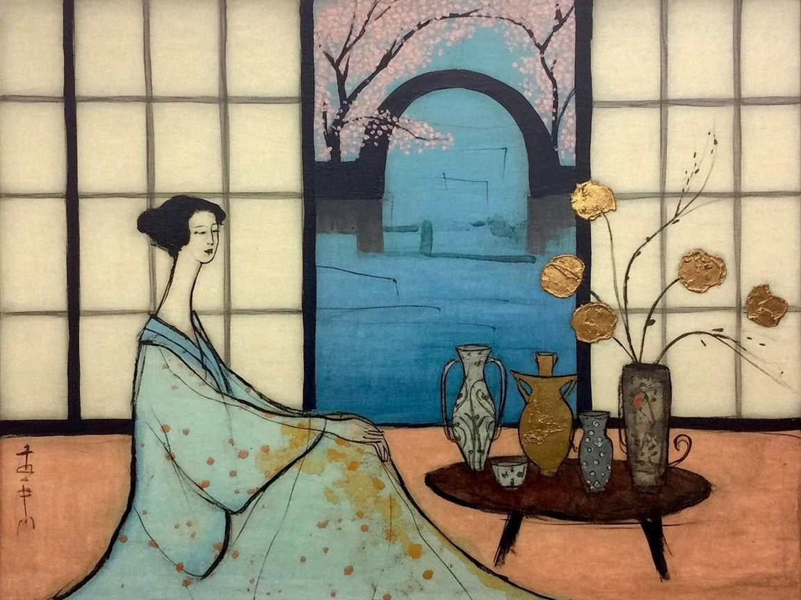 Woman in Blue Kimono Surrounded by Cherry Blossoms