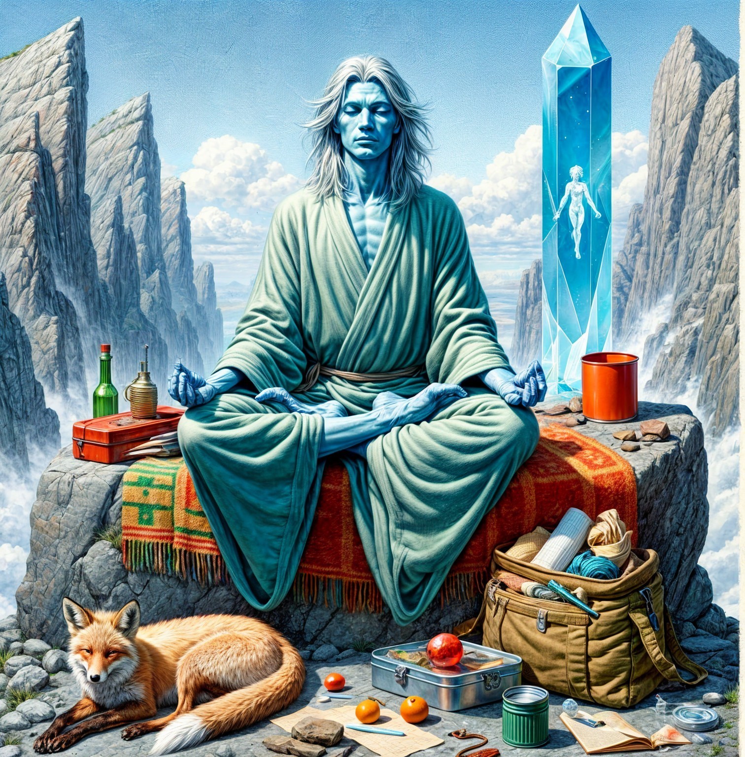 Serene Blue Figure on Rocky Outcrop with Mystical Elements