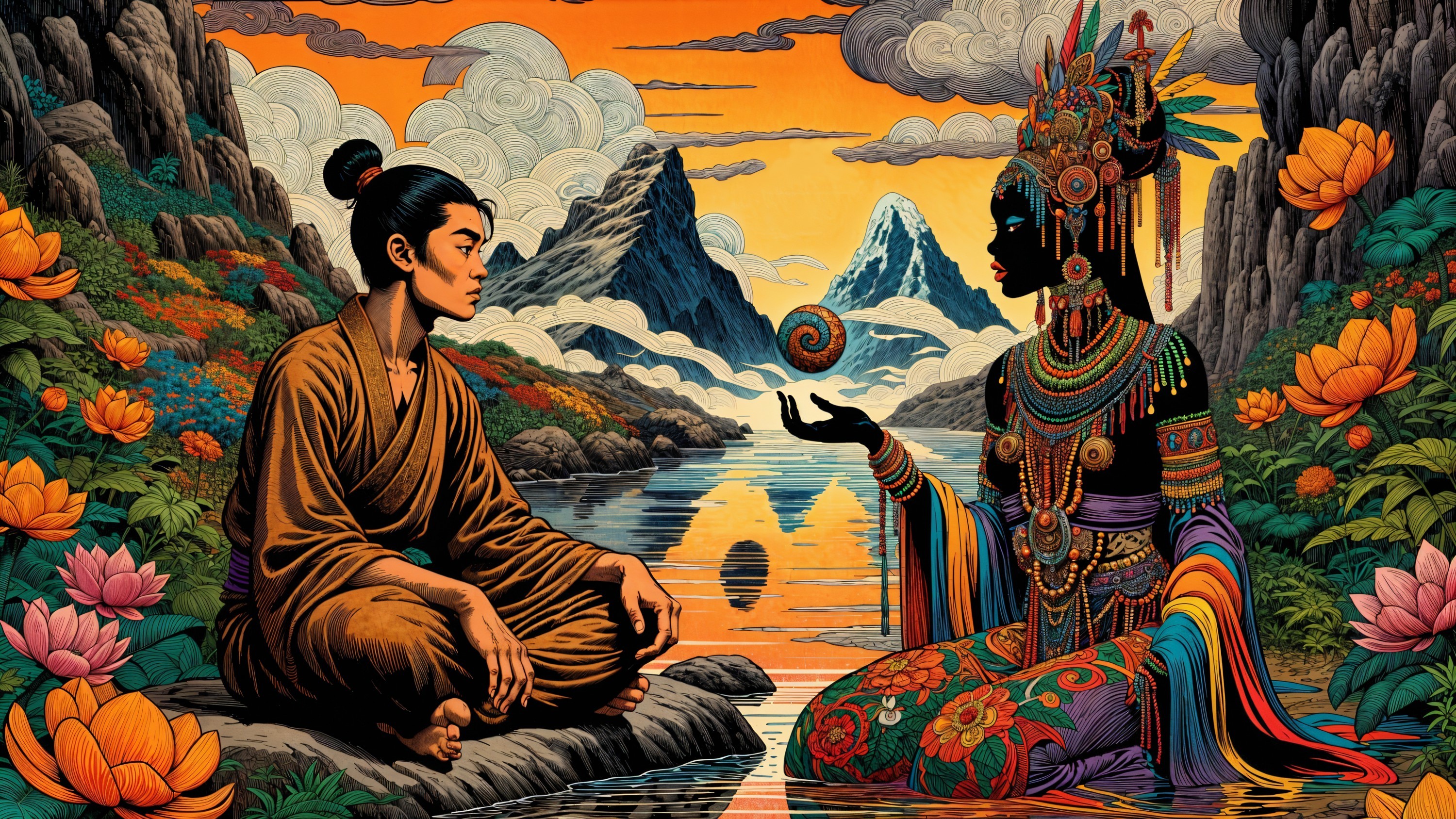 Young monk by serene lake with mystical figure