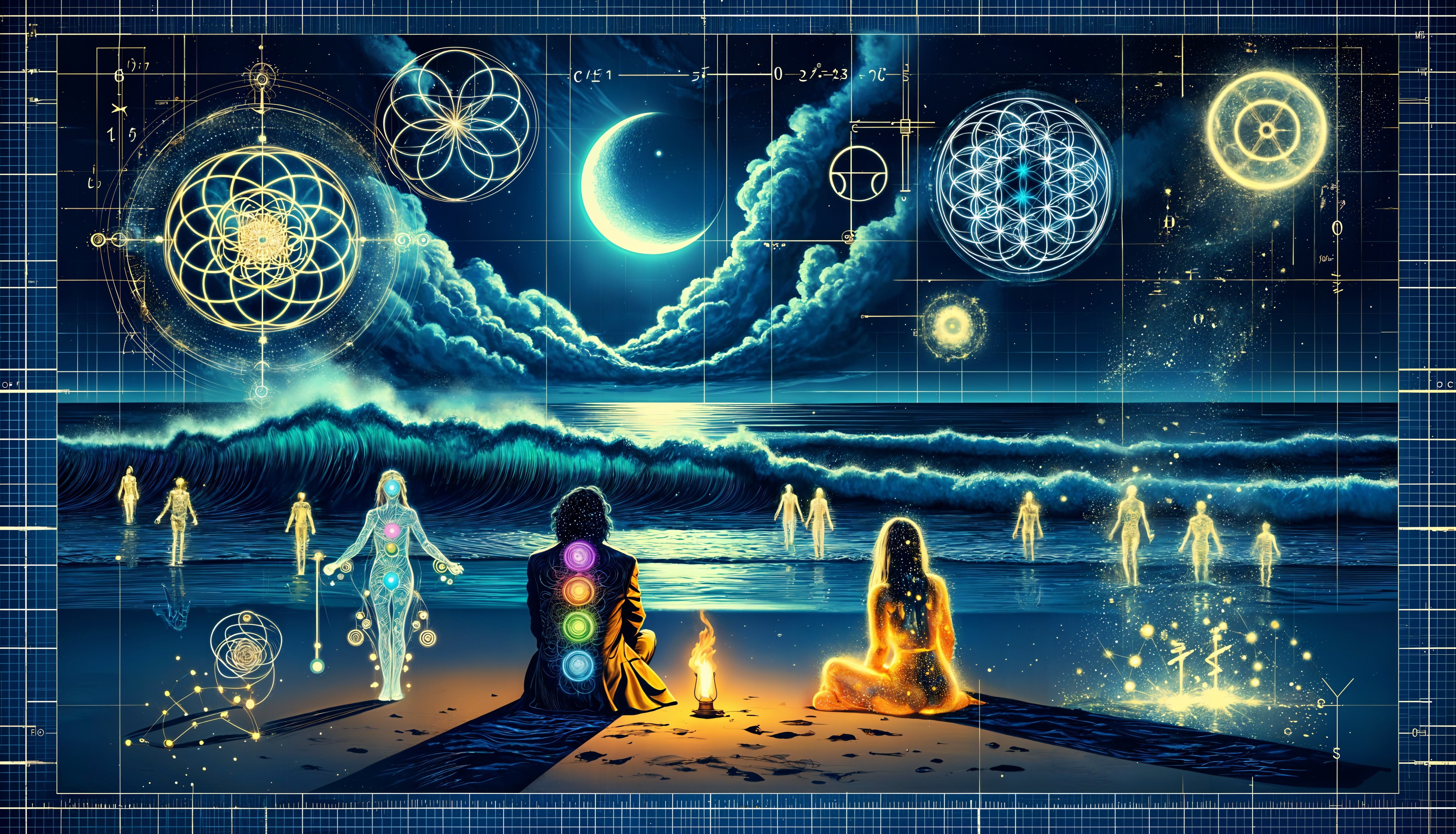 Candlelit Beach Scene with Cosmic Elements and Figures