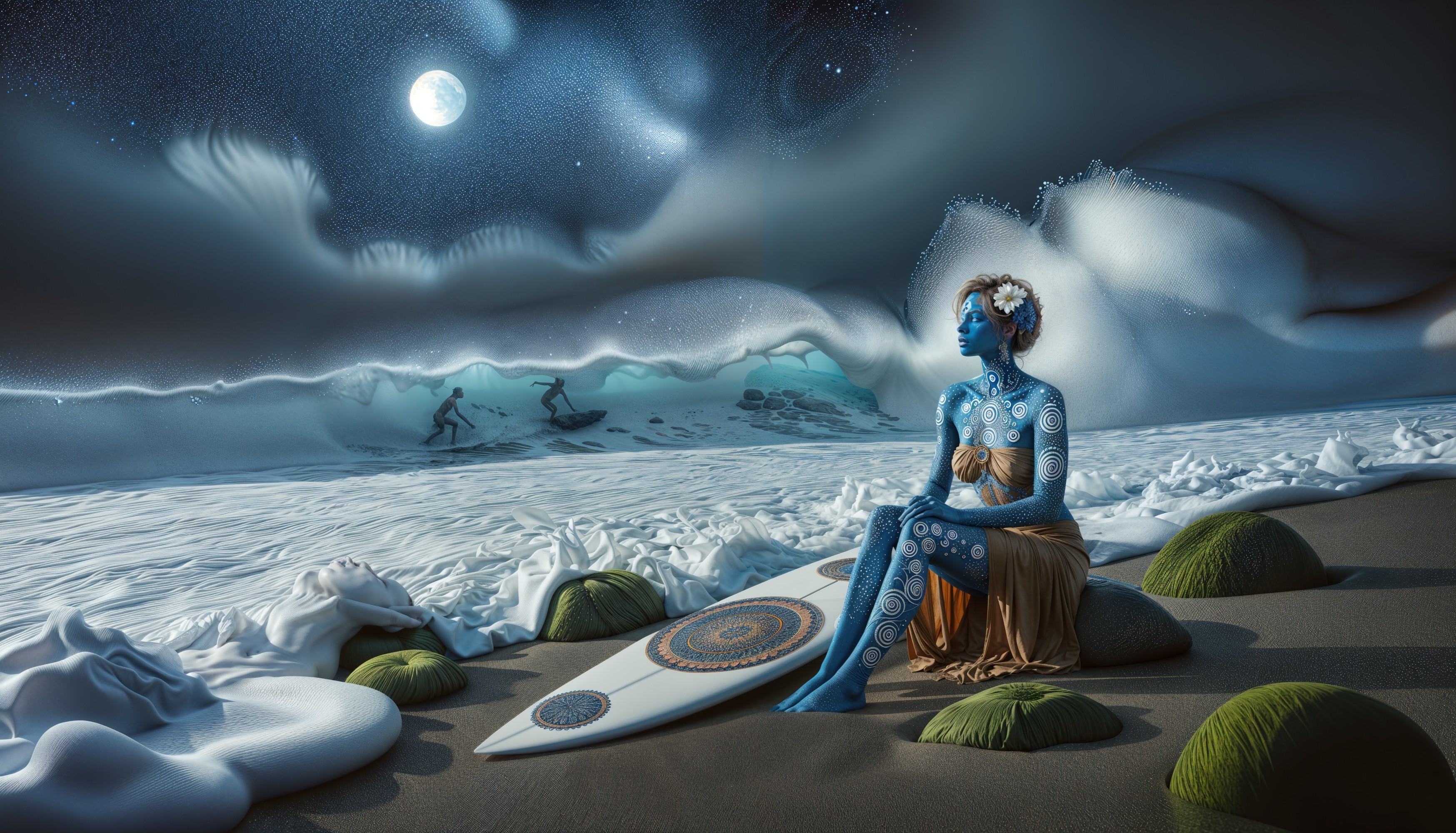 Digital Illustration of Blue-Skinned Woman on Beach