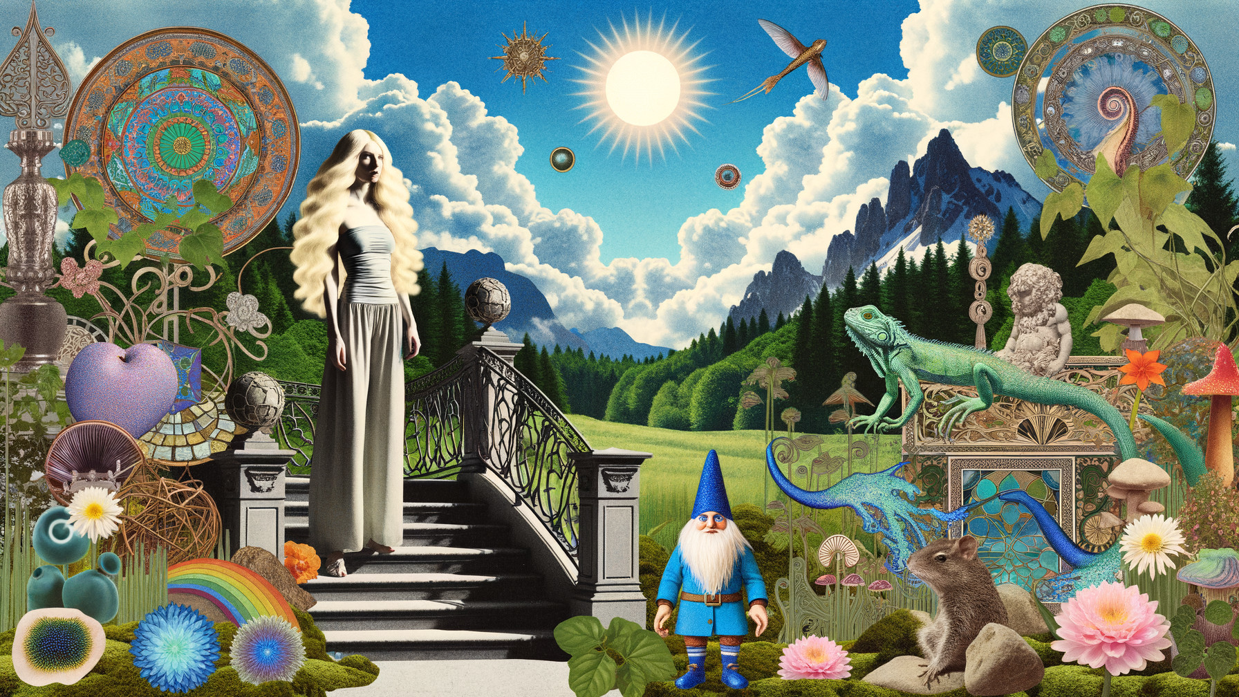 Whimsical Landscape with Mysterious Figure and Nature