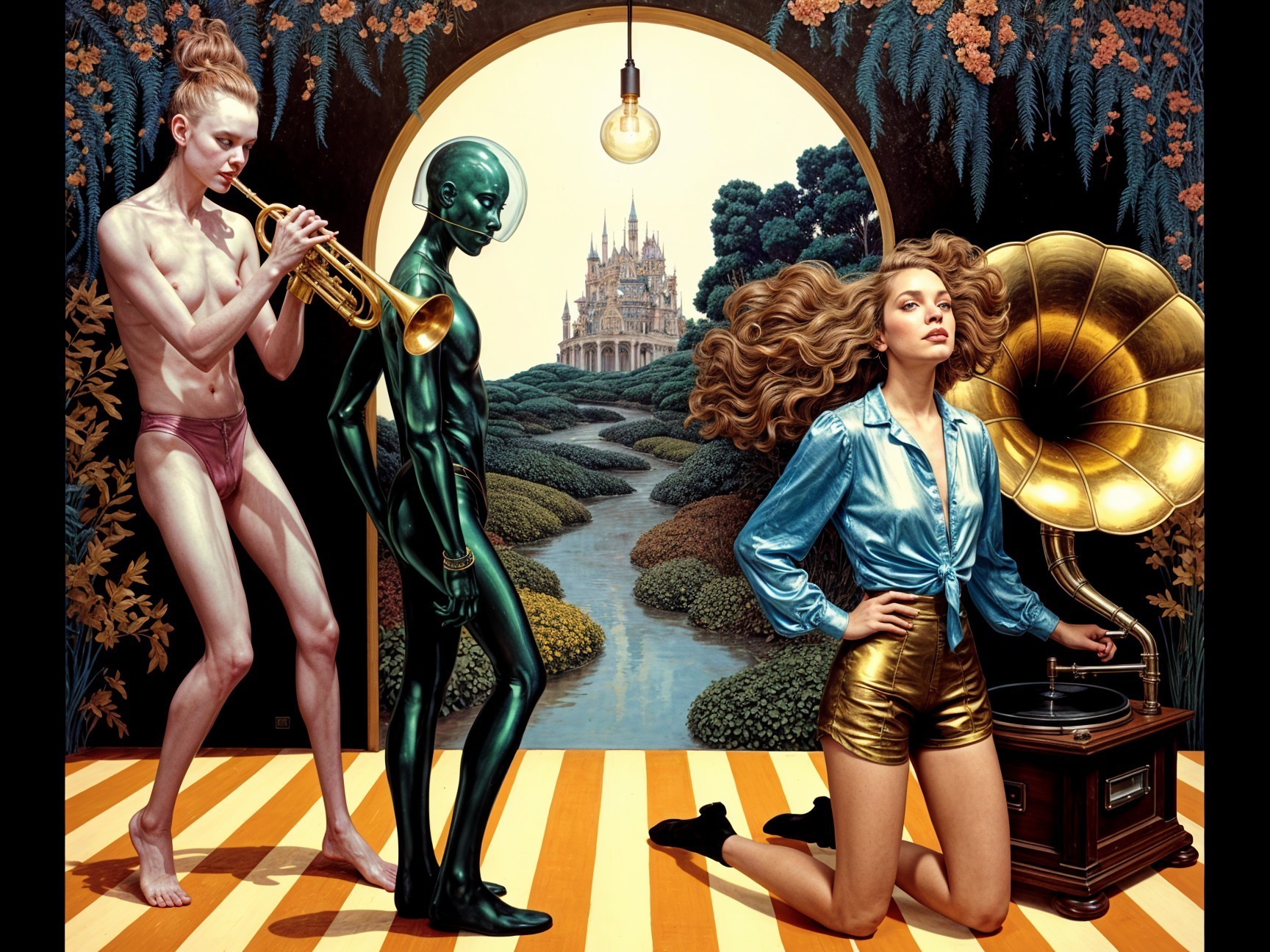 Surreal Scene with Musician, Alien, and Garden Castle