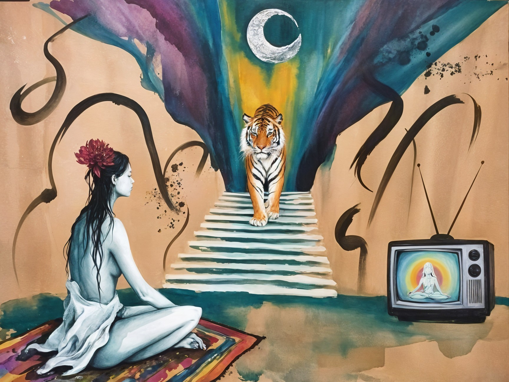 Serene Woman with Tiger in Surreal Colorful Scene