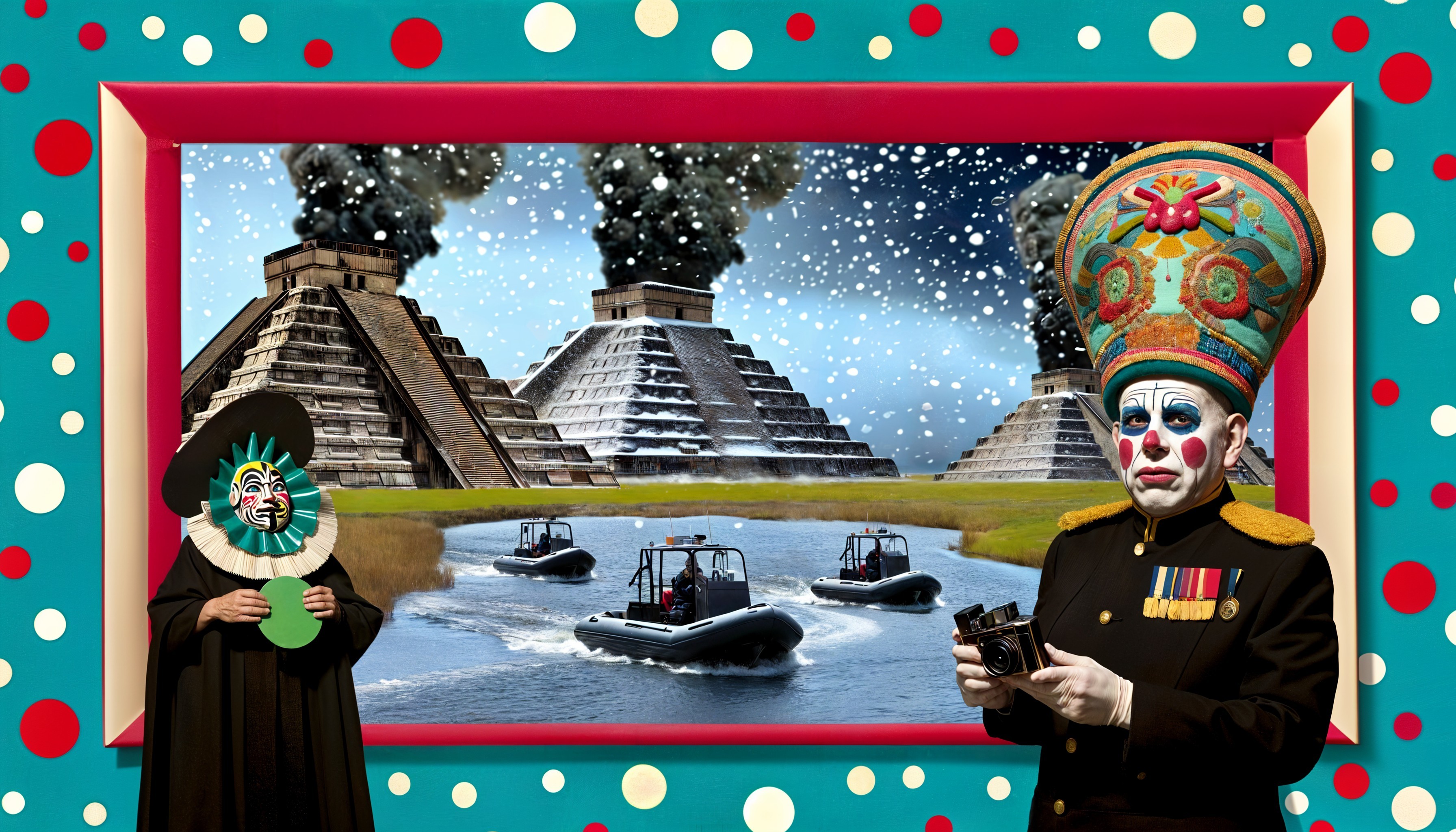 Surreal Scene with Clown, Dark Robe, and Pyramids