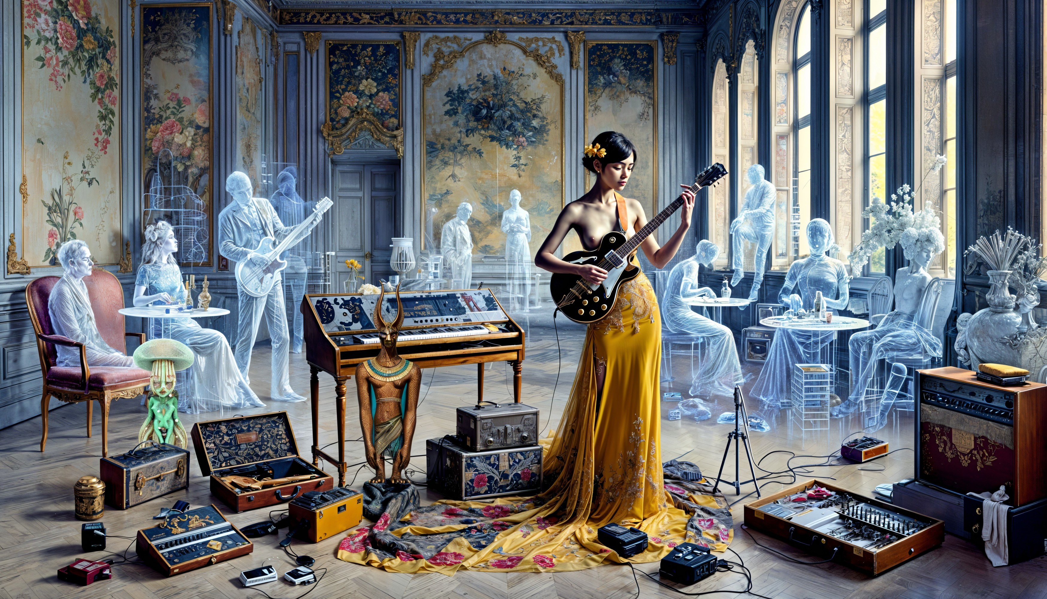 Vintage Room with Woman Playing Electric Guitar