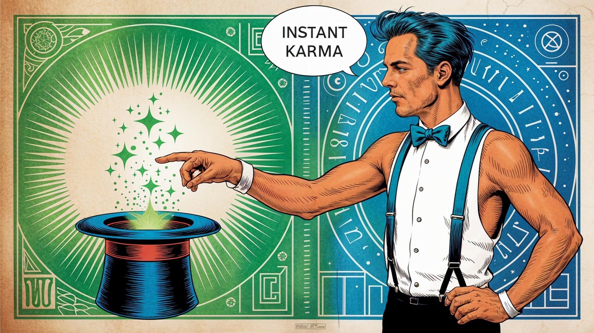 Stylish magician with top hat and glowing particles