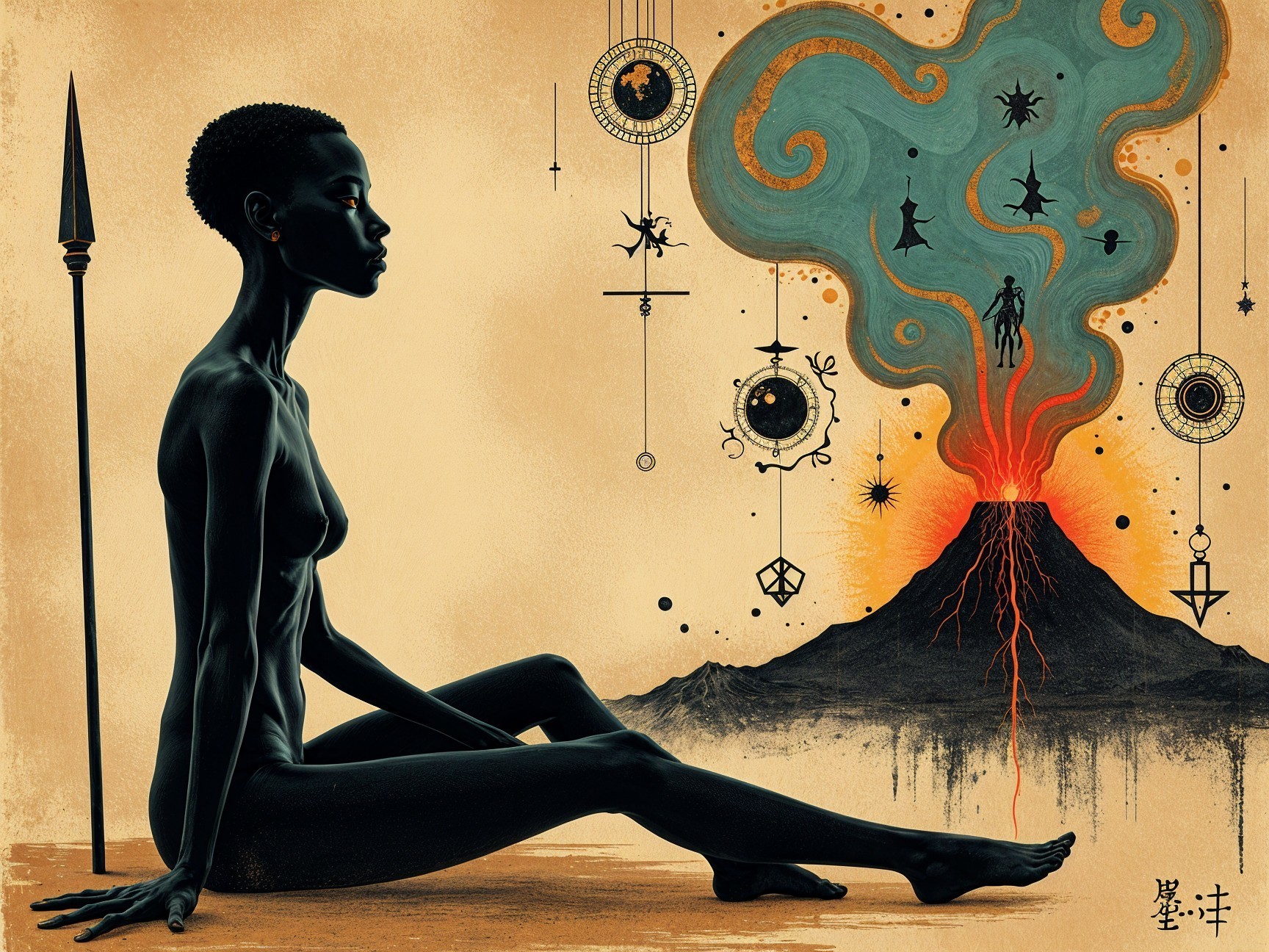 Silhouetted Woman with Erupting Volcano and Symbols