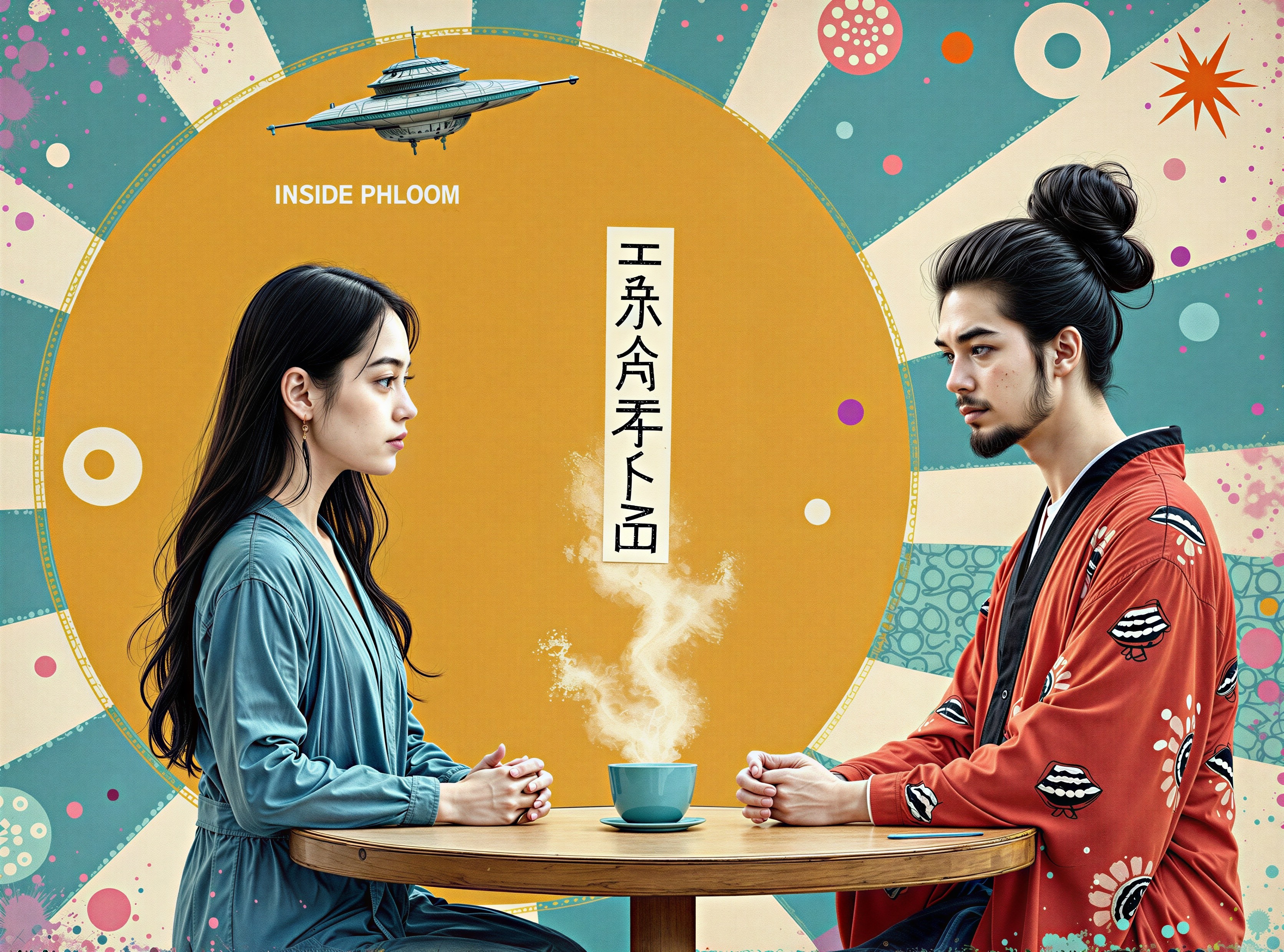 Retro-inspired scene with a couple in traditional robes