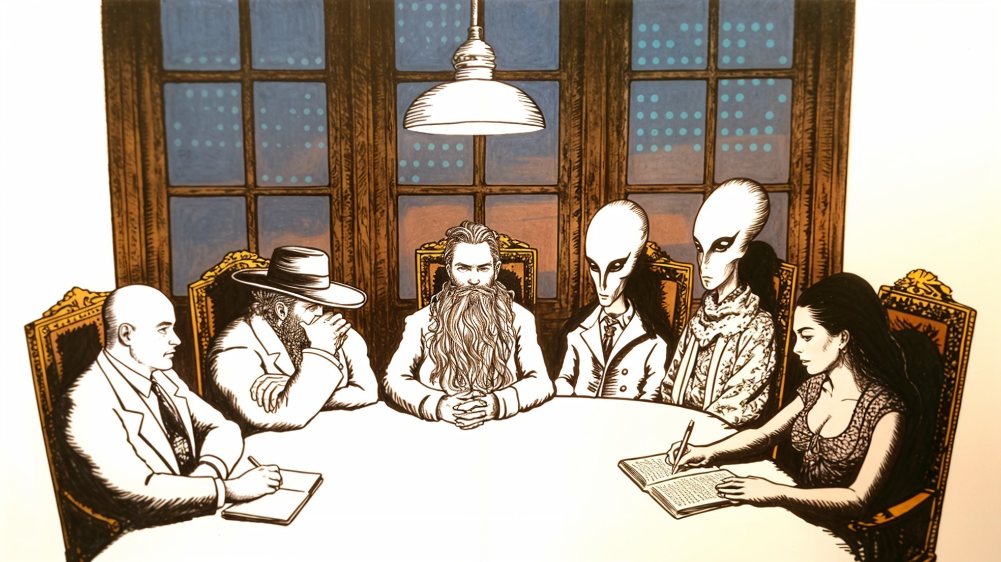 Quirky Boardroom Scene with Aliens and Attendees