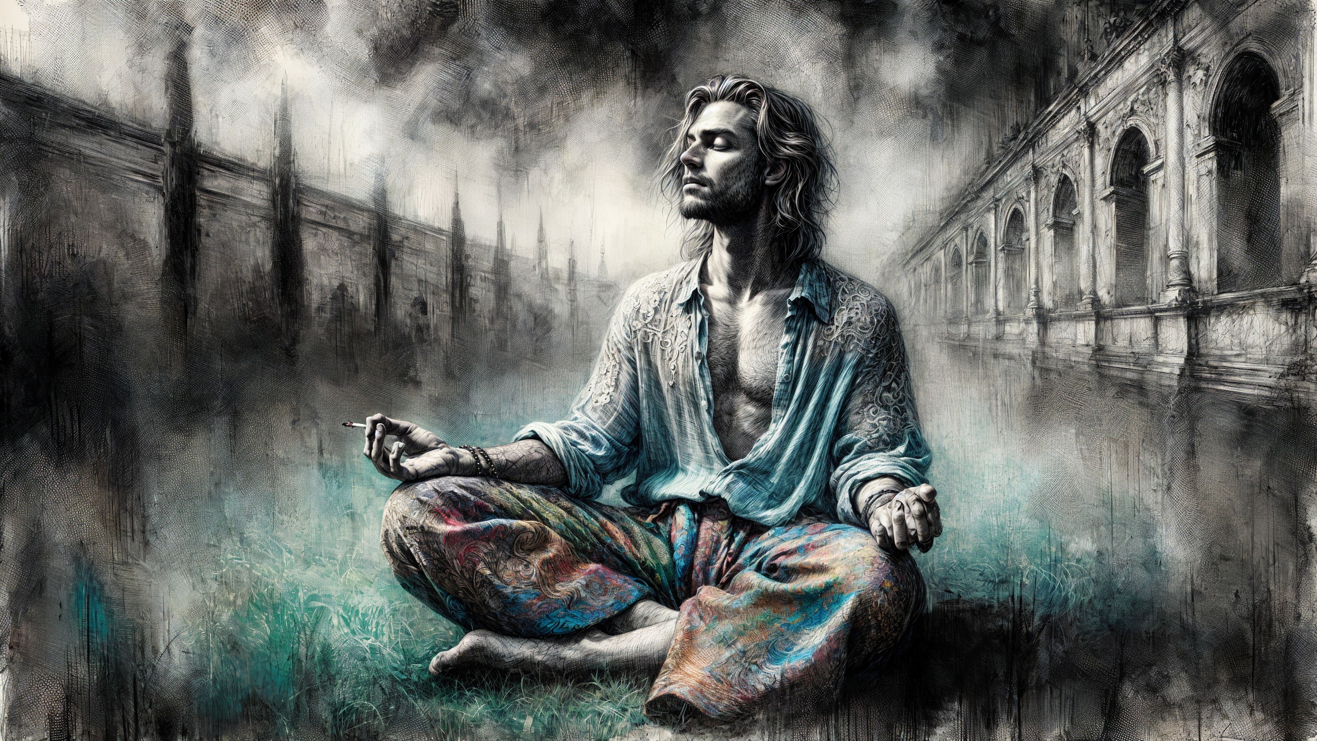 Meditative Figure in Ethereal Misty Landscape