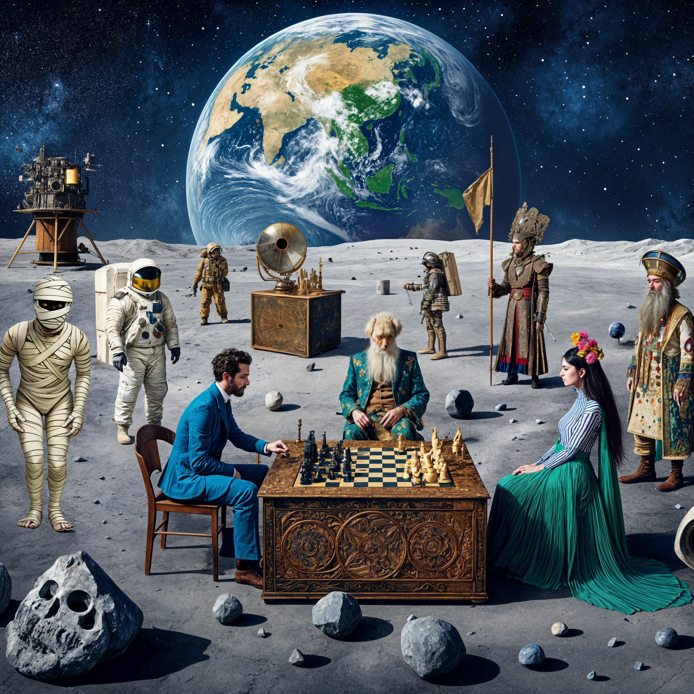 Lunar Chess Game with Diverse Figures and Earth View