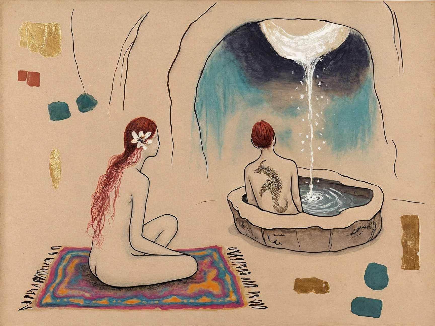 Women in a Serene Cave with Waterfall and Tattoos