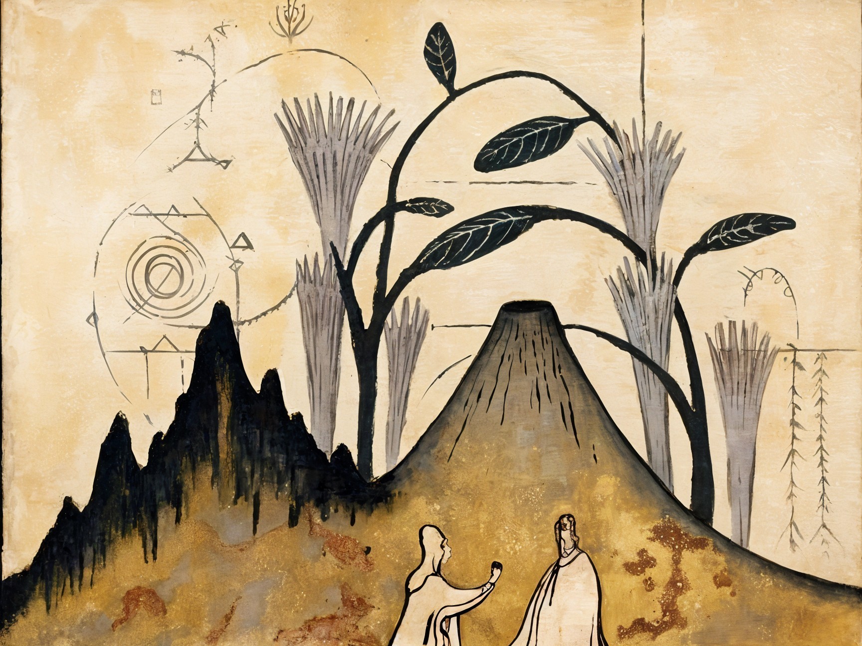 Stylized Landscape with Volcano and Abstract Plants