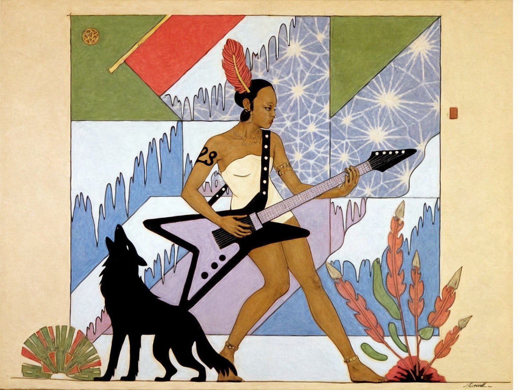 Powerful Figure with Electric Guitar and Wolf