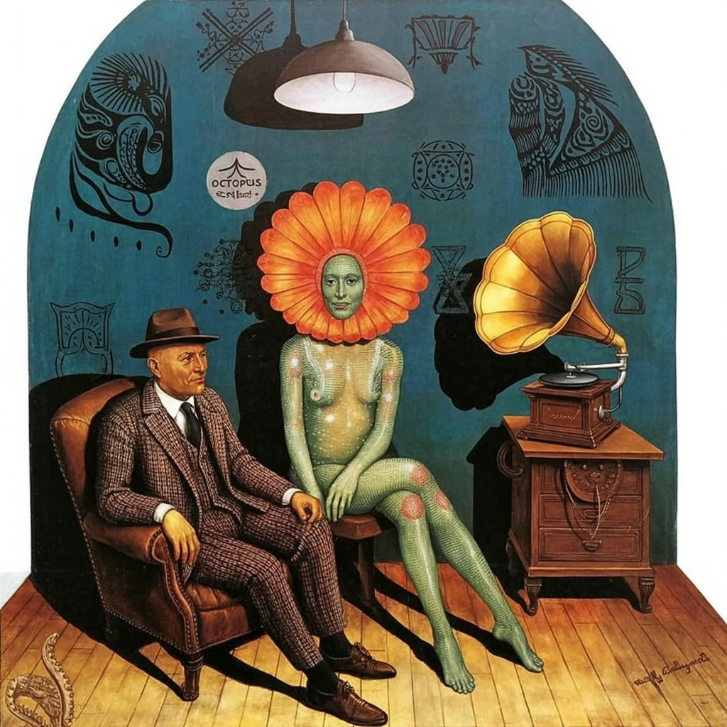 Surreal Artwork of Man and Woman in Intricate Setting