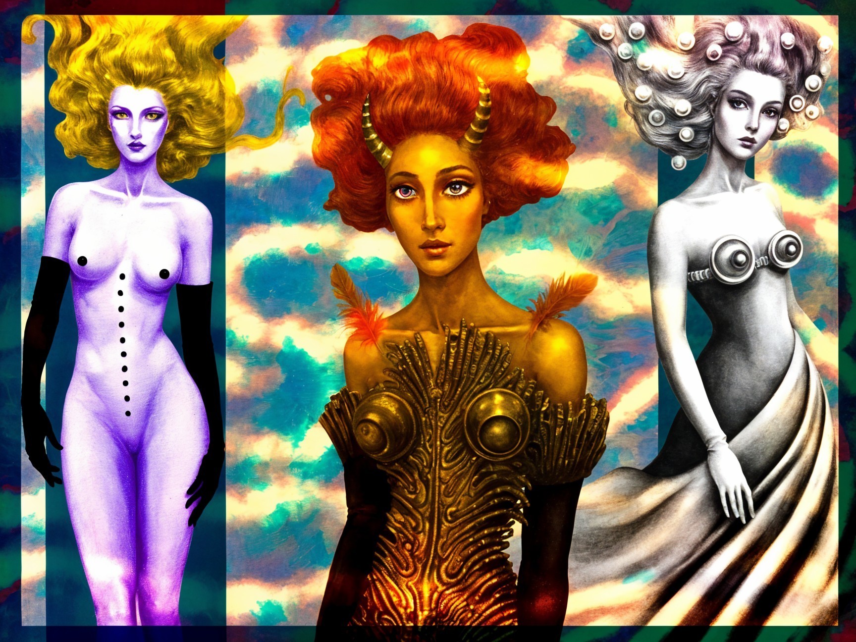 Three Women with Unique Hairstyles and Outfits