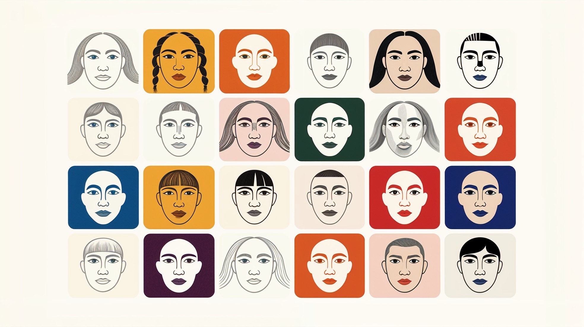 Grid of 20 Diverse Stylized Portraits in Colored Squares