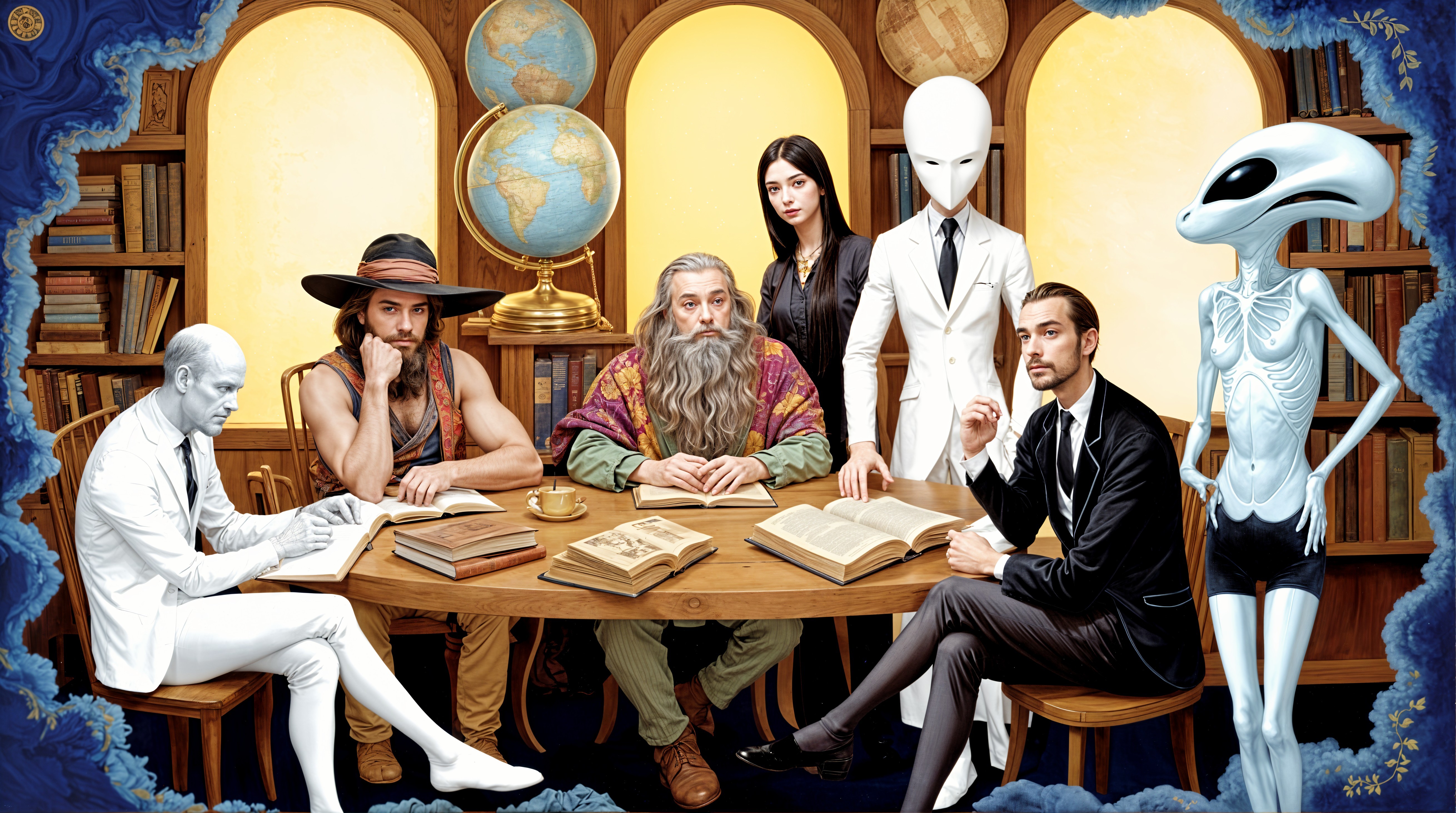 Diverse Characters Gather in a Whimsical Library Setting